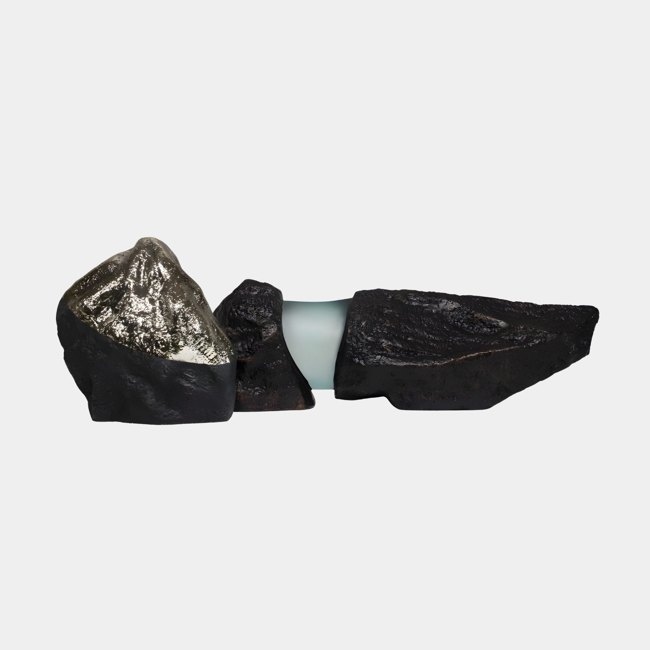 Frosted Resin Inset & Gold Fleck Rock Sculpture by Giant Sculptures, shown horizontally with black textured rock forms flanking a frosted resin band and gold-flecked peak.