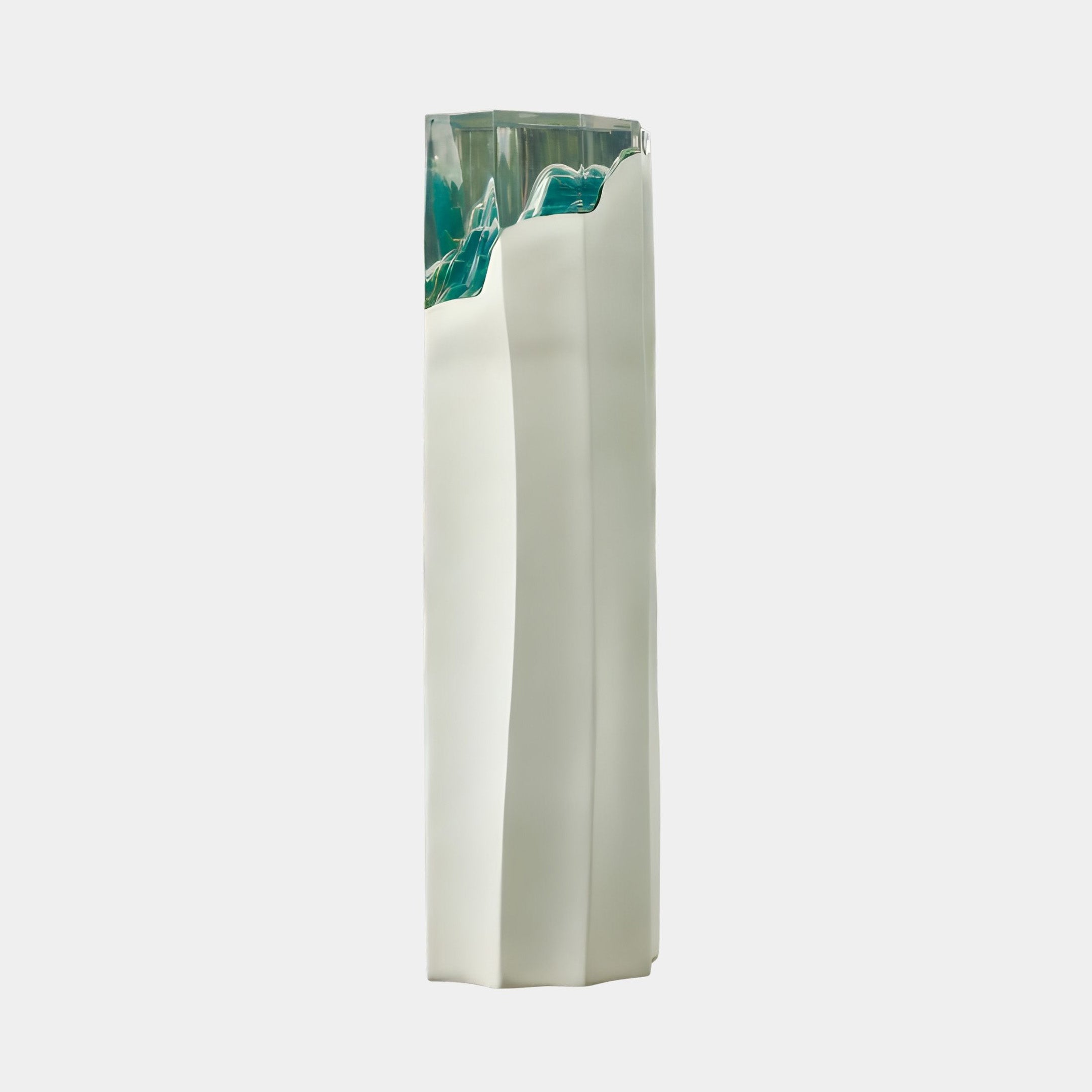 Giant Sculptures Teal Resin & White Abstract Column Sculpture 170cm, twin ivory fibreglass columns topped with a clear and teal resin crown, on a white background.