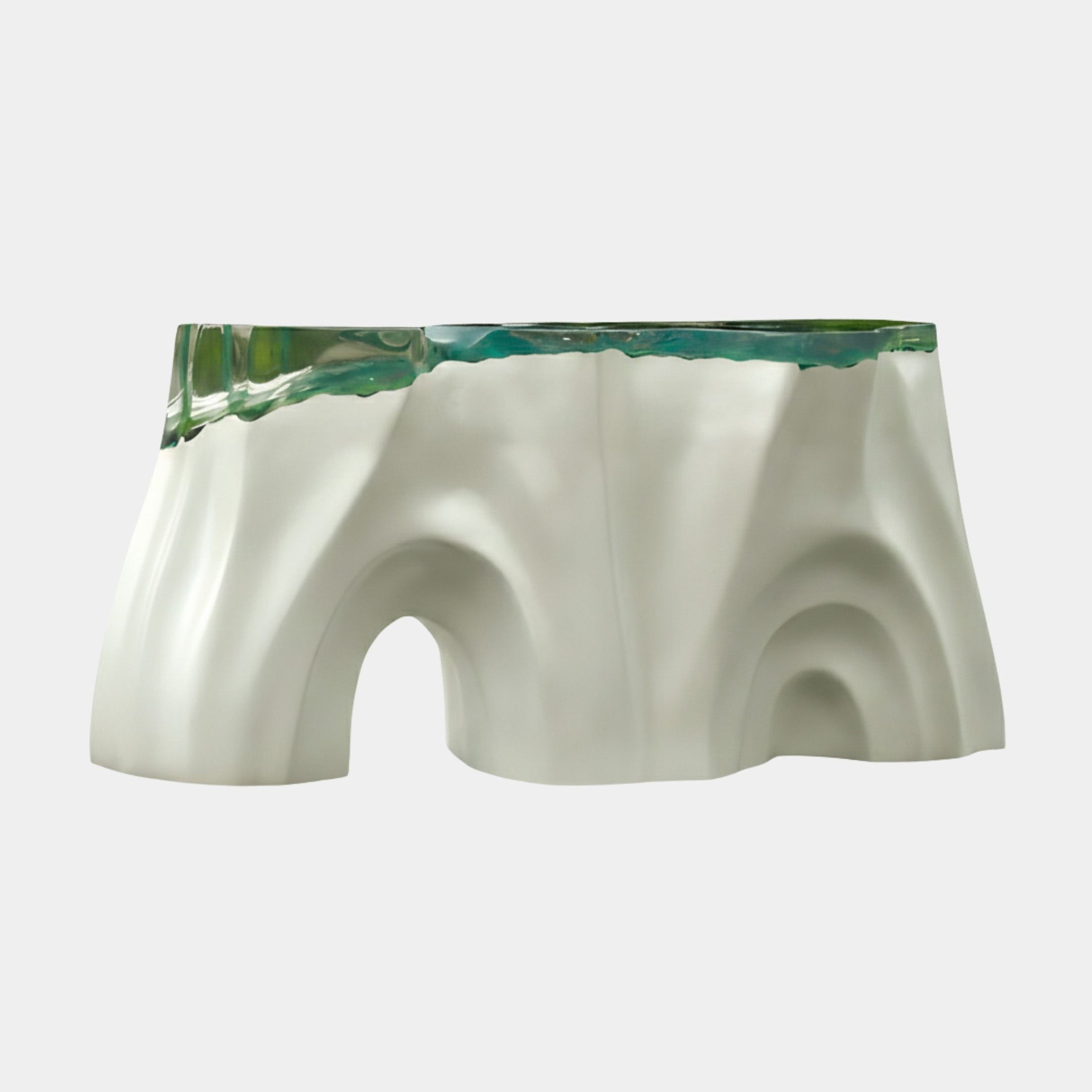 Glacier Green Resin Inset White Arch Console by Giant Sculptures, featuring a matte ivory arched form with a glacier-green resin ribbon along the top edge.