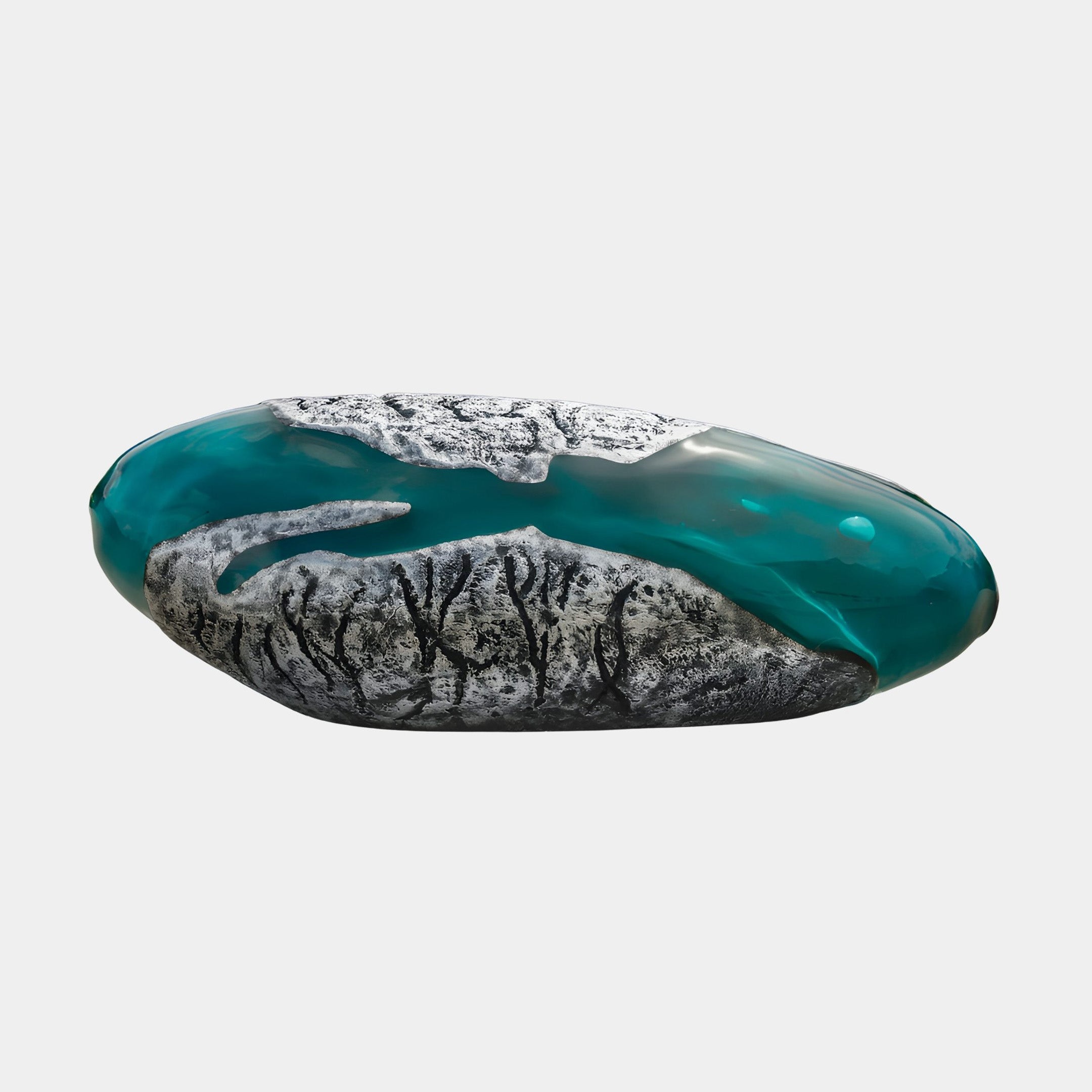 Giant Sculptures Teal Resin Silver Textured Organic Sculpture 150cm, a long pebble-like form with silver veined fibreglass surface and teal resin pool.