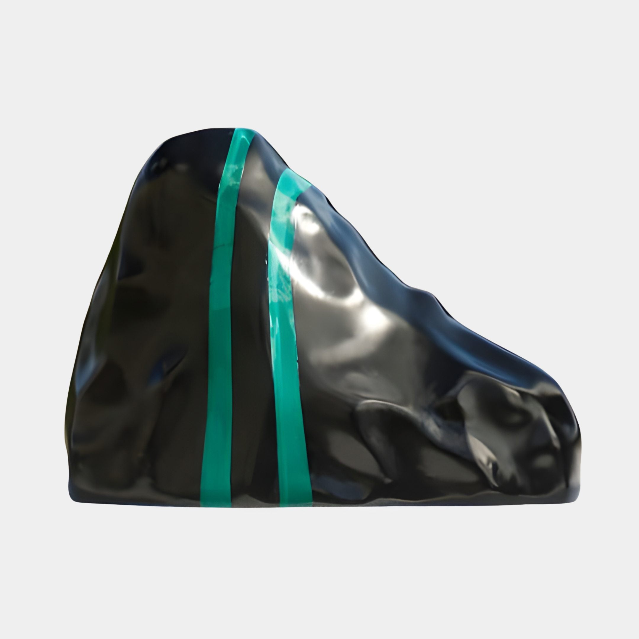 Giant Sculptures Teal Resin Inlay Landscape Block Sculpture 55cm, a glossy black asymmetric ridge form crossed by two bright teal resin bands, on a plain background.