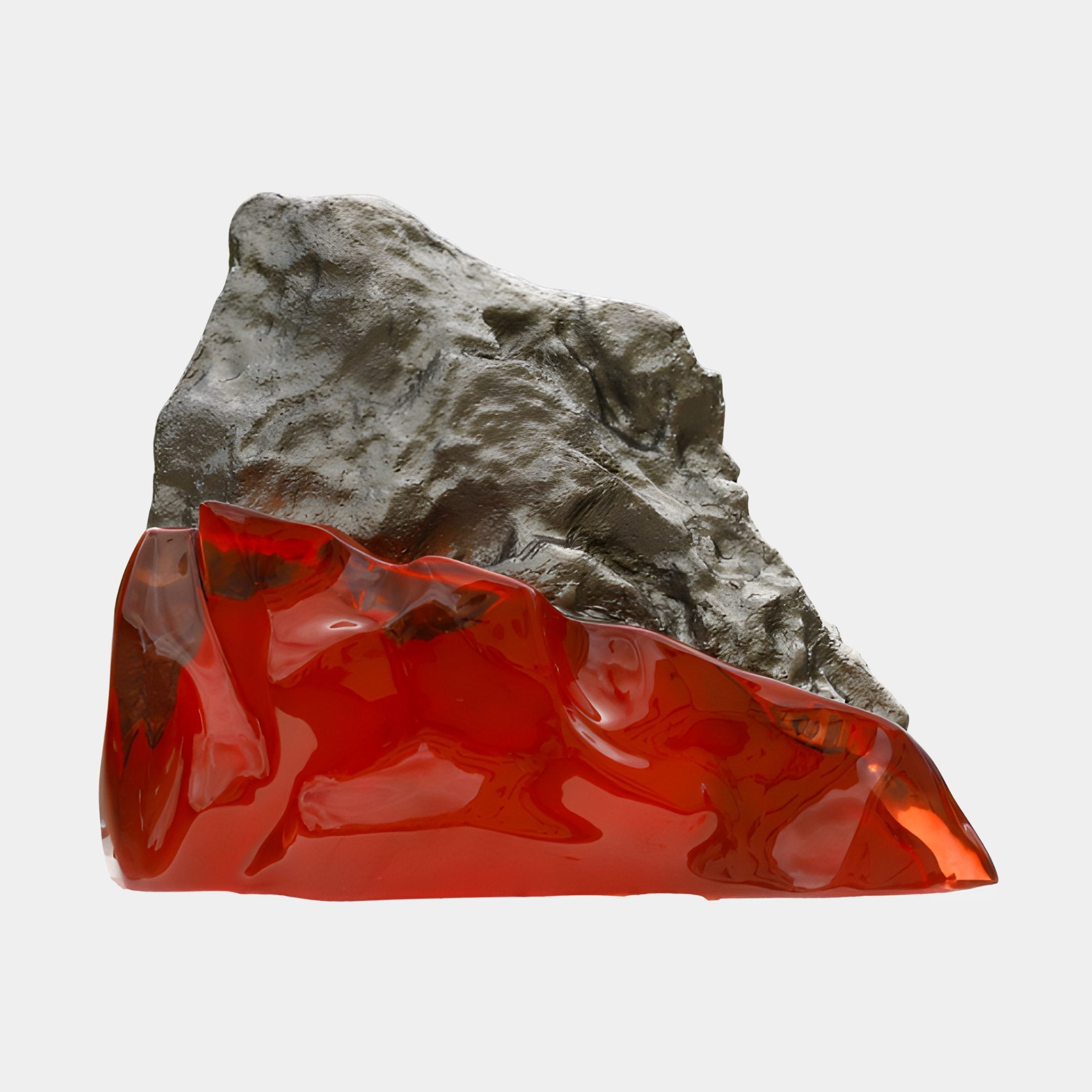 Giant Sculptures Lava Red Resin & Rough Stone Ridge Sculpture, 92cm, with a weathered grey fibreglass crest above a glowing translucent red resin base, on a plain background.