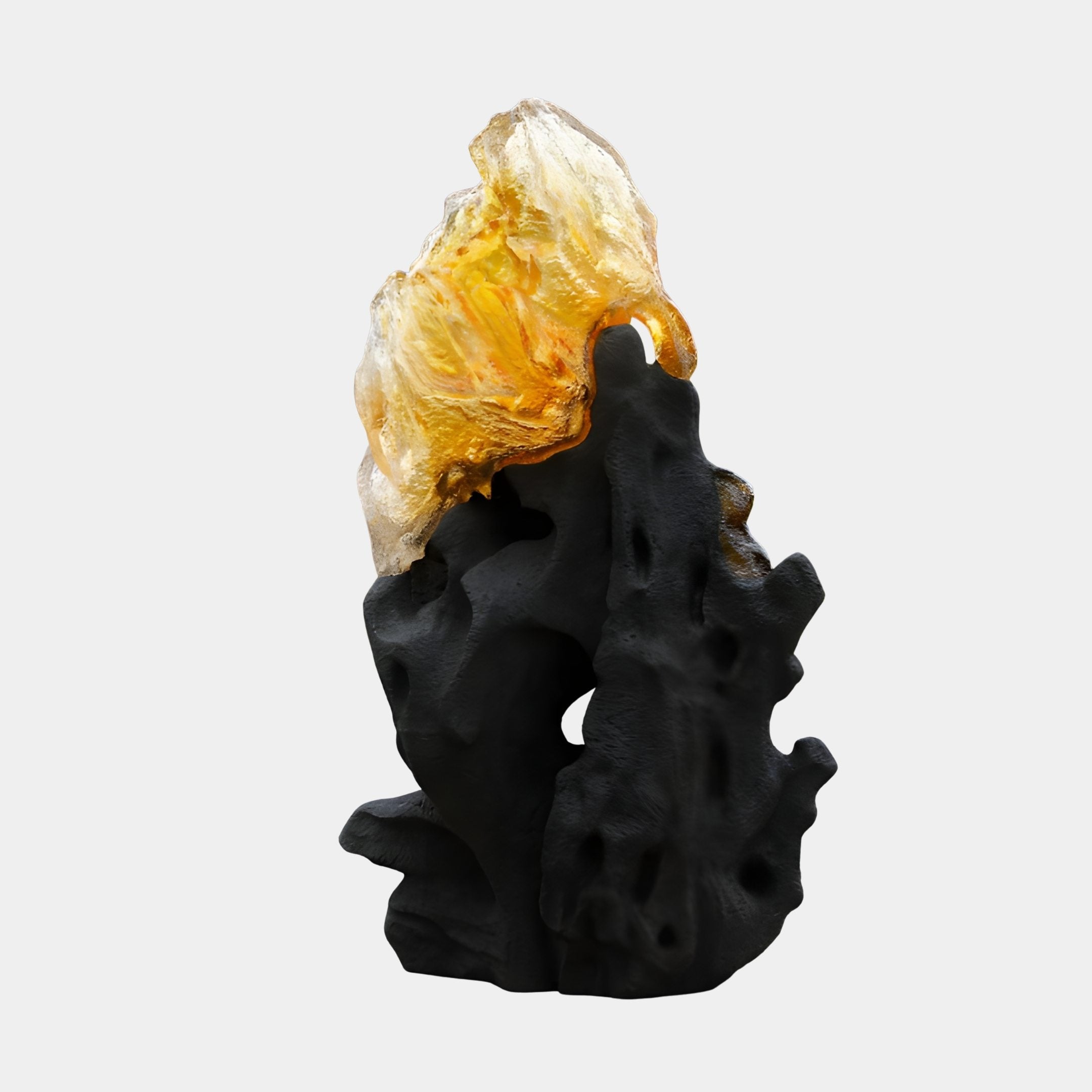 Giant Sculptures Amber Resin & Black Mountain Rock Sculpture 210cm, textured black craggy base crowned with a glowing amber resin crest, on a plain background.