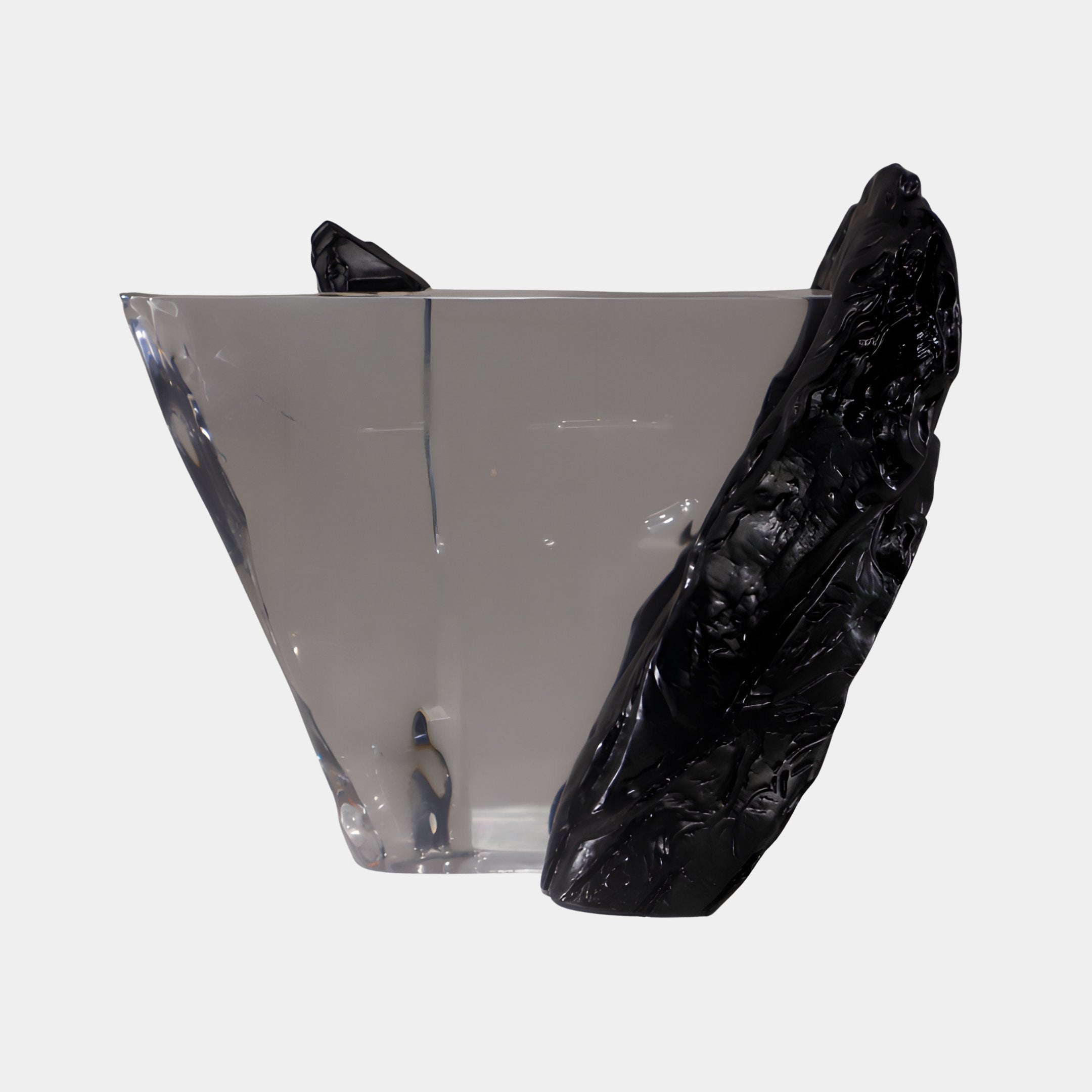 Clear Resin Inlay Black Angular Rock Sculpture by Giant Sculptures, 27cm, faceted transparent block paired with a rugged black stone form on a plain background.