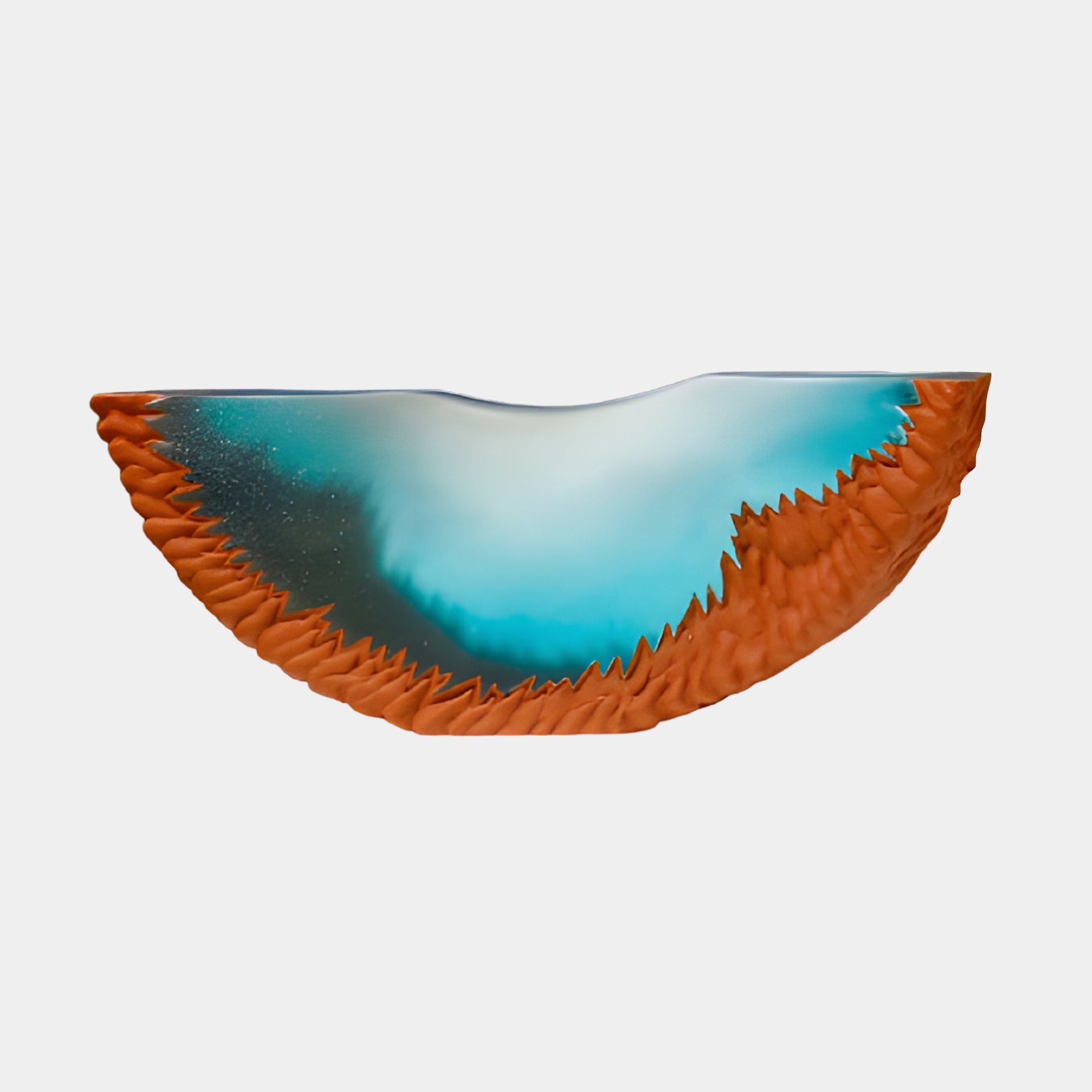 Blue Tide Resin Inset Terracotta Ridge Crescent Sculpture 65cm by Giant Sculptures, with glassy blue-teal pool cradled in textured orange rim, on white.