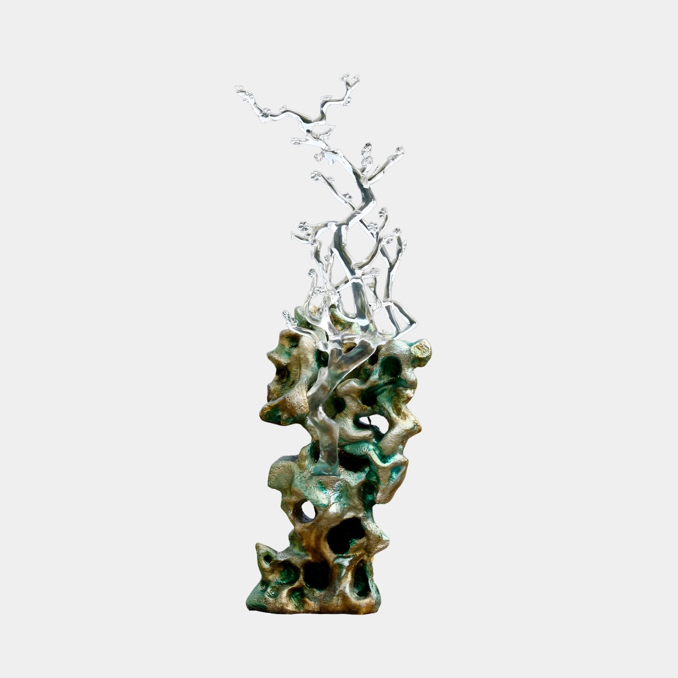 Clear Resin & Verdant Bronze Scholar Tree Sculpture 180cm by Giant Sculptures, with branching translucent canopy rising from a textured green-bronze base.