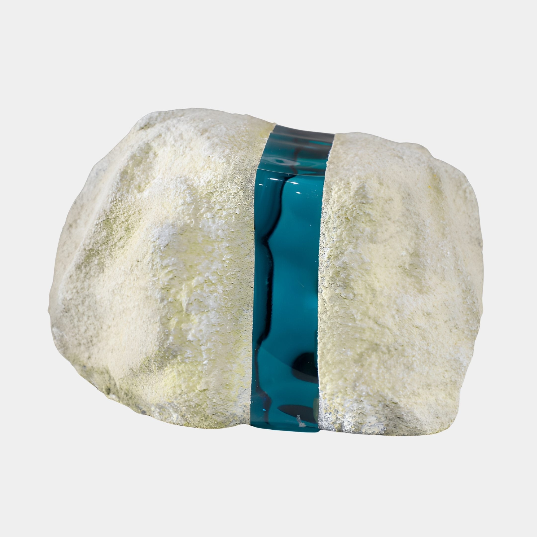 Giant Sculptures Teal Resin Inset Natural Stone Boulder Sculpture, 26cm, with a cream textured fibreglass shell split by a glowing teal resin seam, on a white background.