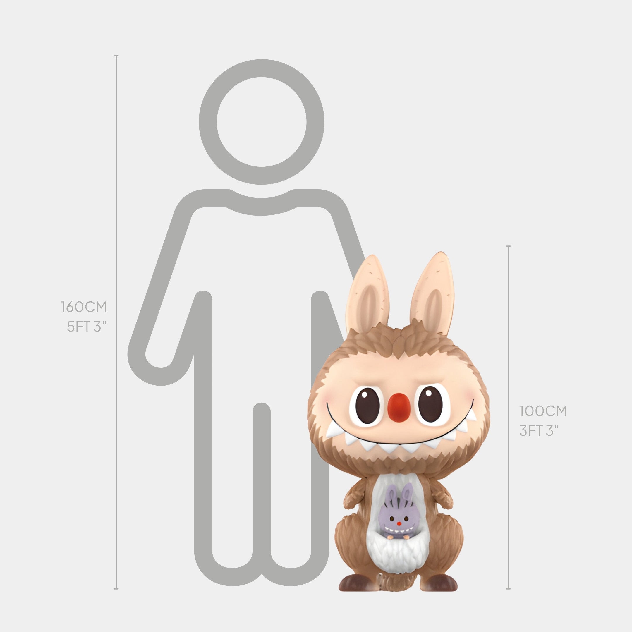 A cheerful cartoon figure with bunny ears stands by a height chart at 100 cm—just like the Giant Sculptures Animal Kangaroo Labubu Sculpture, a playful piece often seen in gallery spaces.