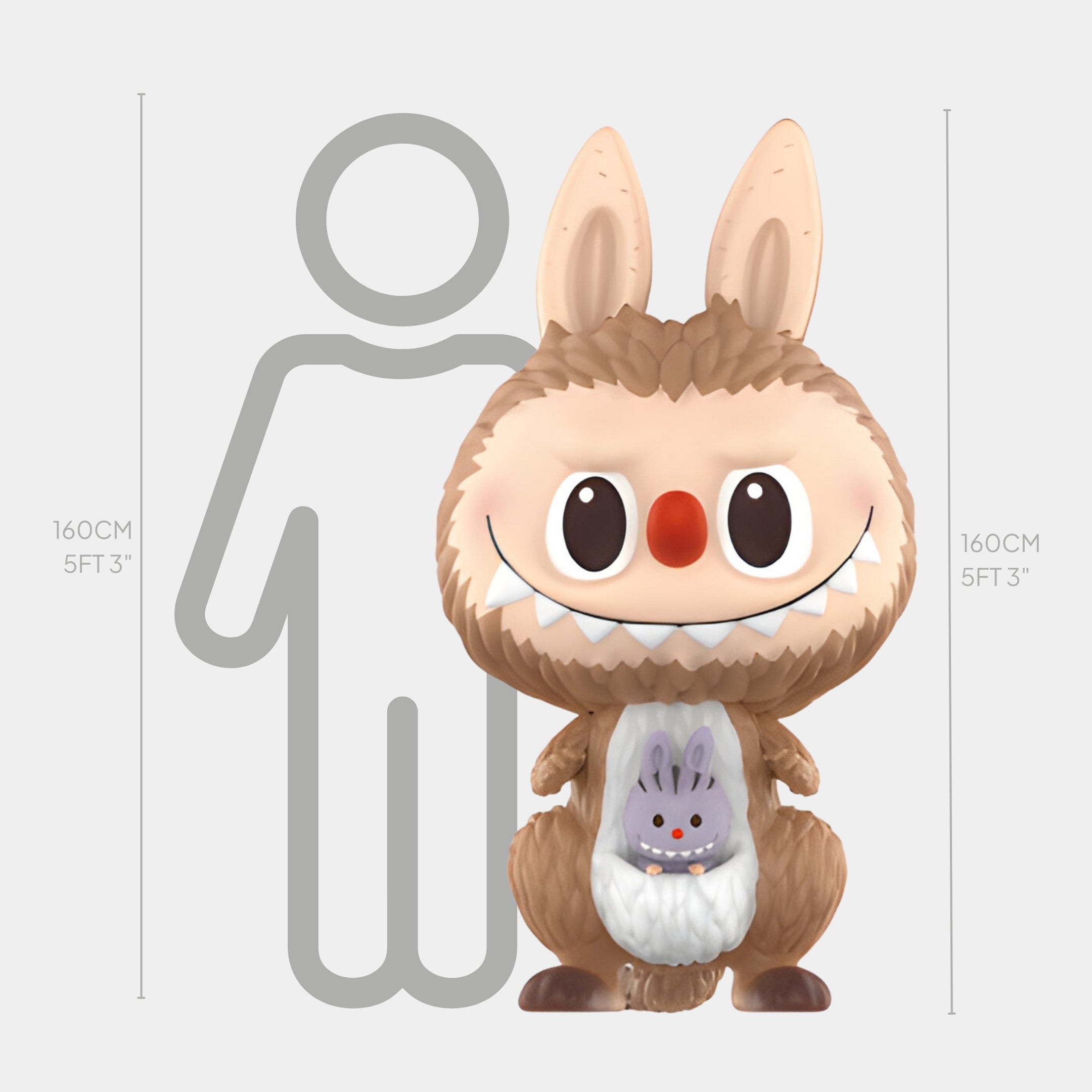 The Animal Kangaroo Labubu Sculpture - 160cm by Giant Sculptures is a cute, cartoonish fibreglass figure with a big smile, red nose, and a small gray rabbit on its belly, shown next to an outline for scale.