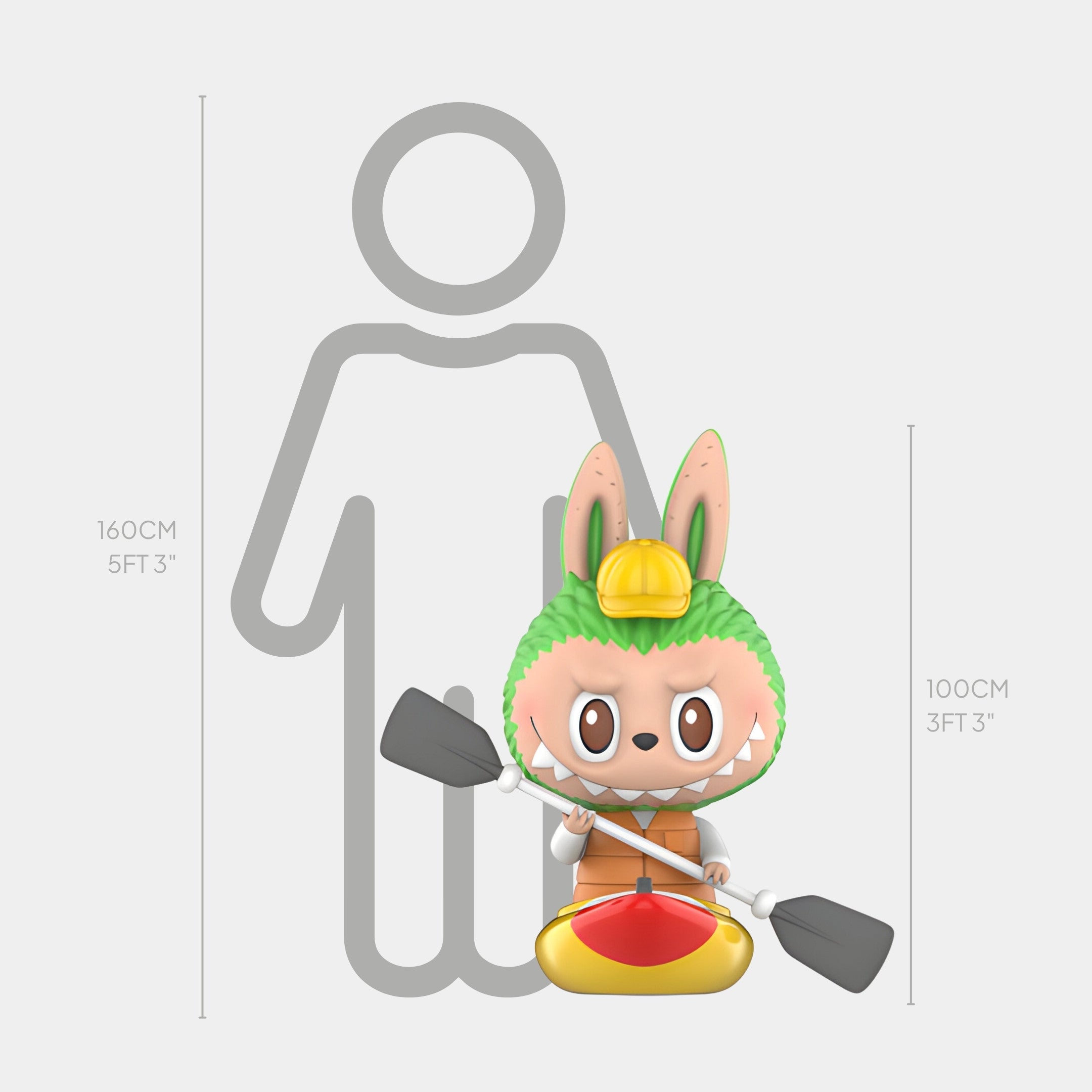 The Giant Sculptures Camp Life Kayaker Labubu Sculpture - 100cm features a cute bunny-eared character with a green hat and yellow helmet, holding a double-sided paddle in a kayak. Ideal for indoor display, its about 100 cm tall next to a human outline.