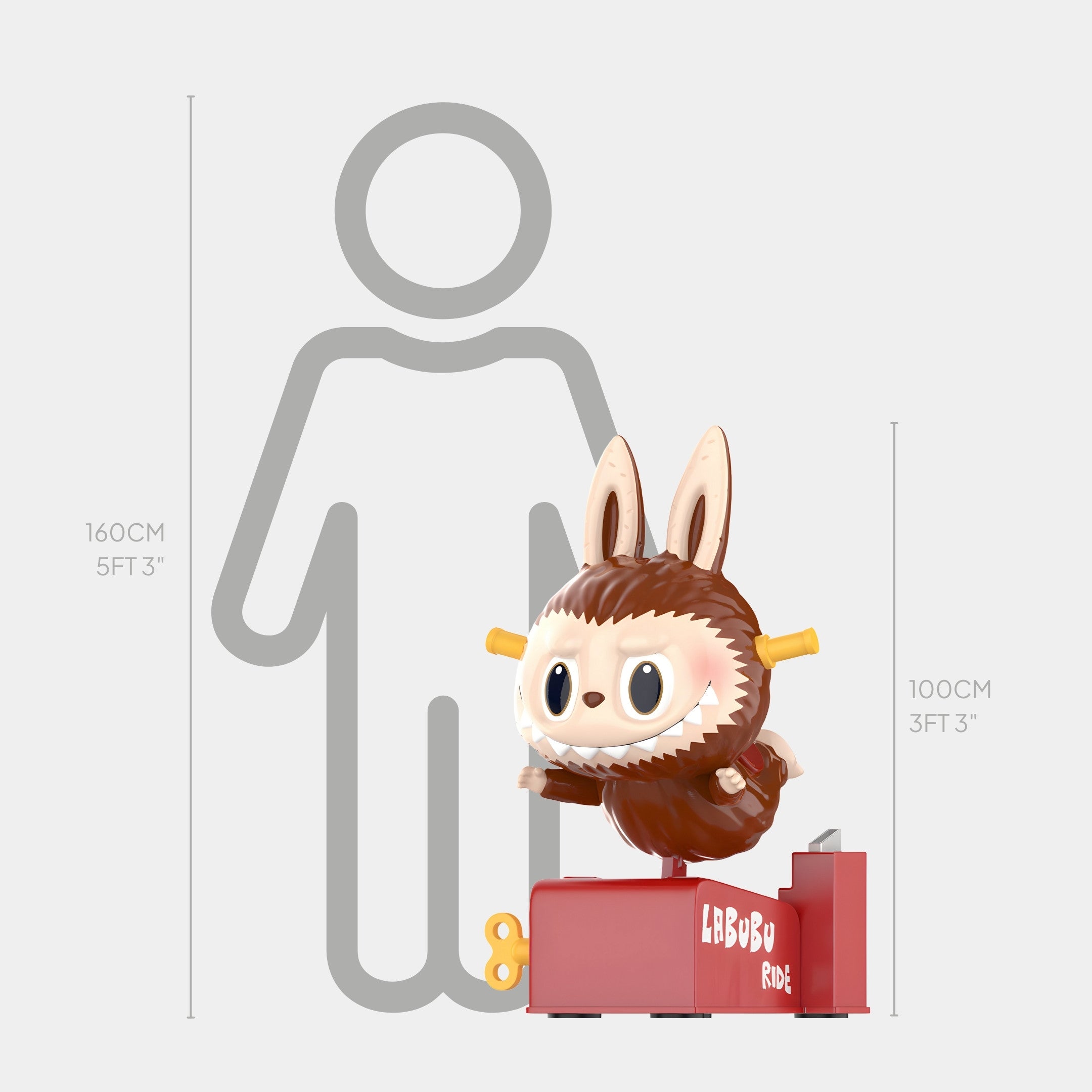 The Hidden Kiddie Ride Labubu Sculpture - 100cm by Giant Sculptures features a cartoon bunny on a red ride labeled LABUBU RIDE, shown indoors beside an outline of a person and height markers at 160 cm and 100 cm for scale.