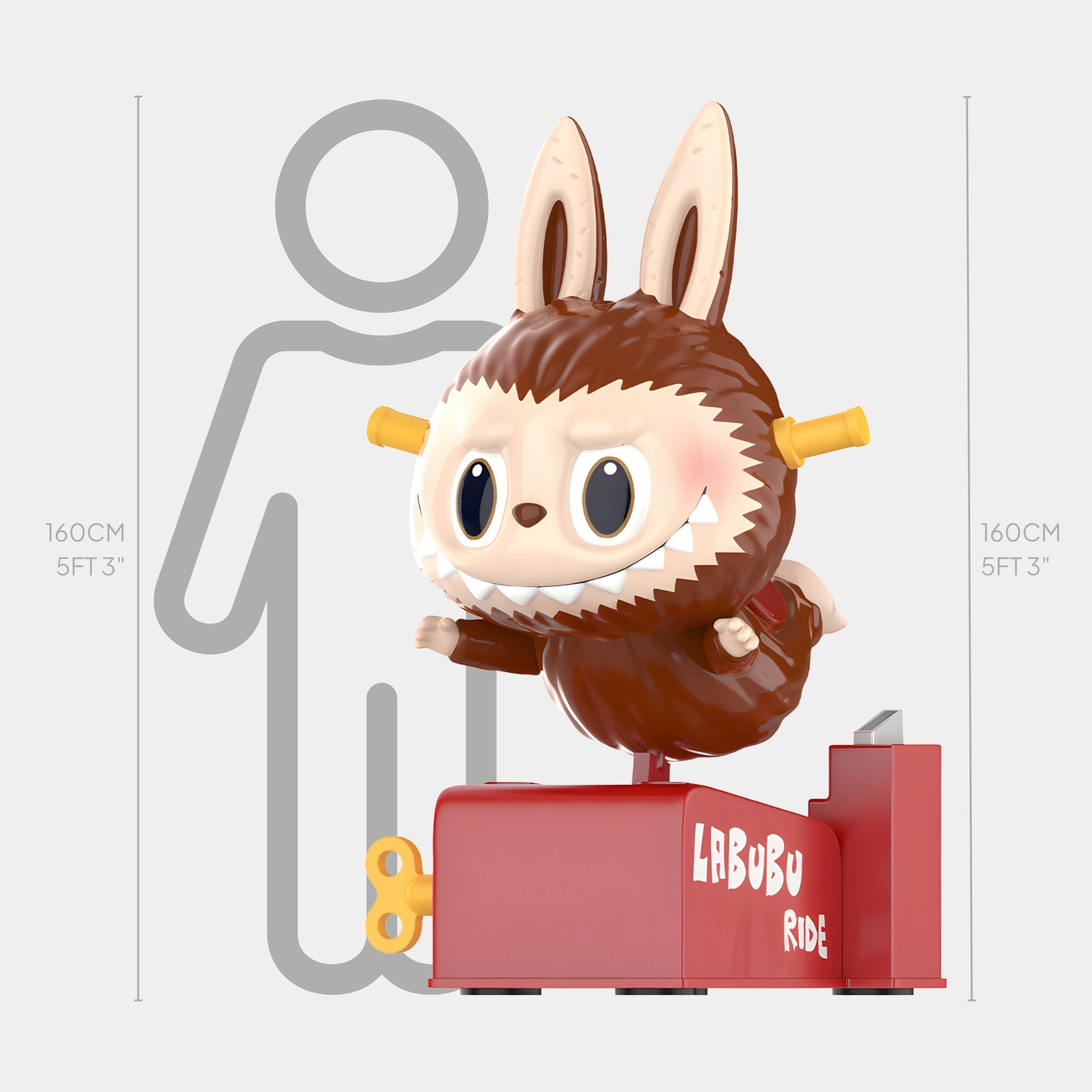 The Hidden Kiddie Ride Labubu Sculpture - 160cm by Giant Sculptures features a large Labubu with rabbit ears, big eyes, and a brown suit on a red LABUBU RIDE base, made of durable fibreglass and shown next to a human height chart for scale.