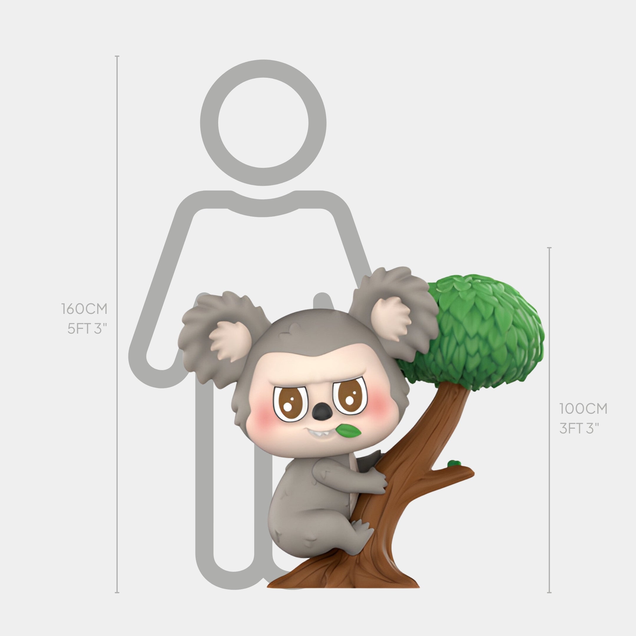 The Giant Sculptures Animal Koala Labubu Sculpture - 100cm is a cute fibreglass figure with big eyes clinging to a tree, featuring playful sculptural storytelling with a human silhouette and height markers for indoor decor.