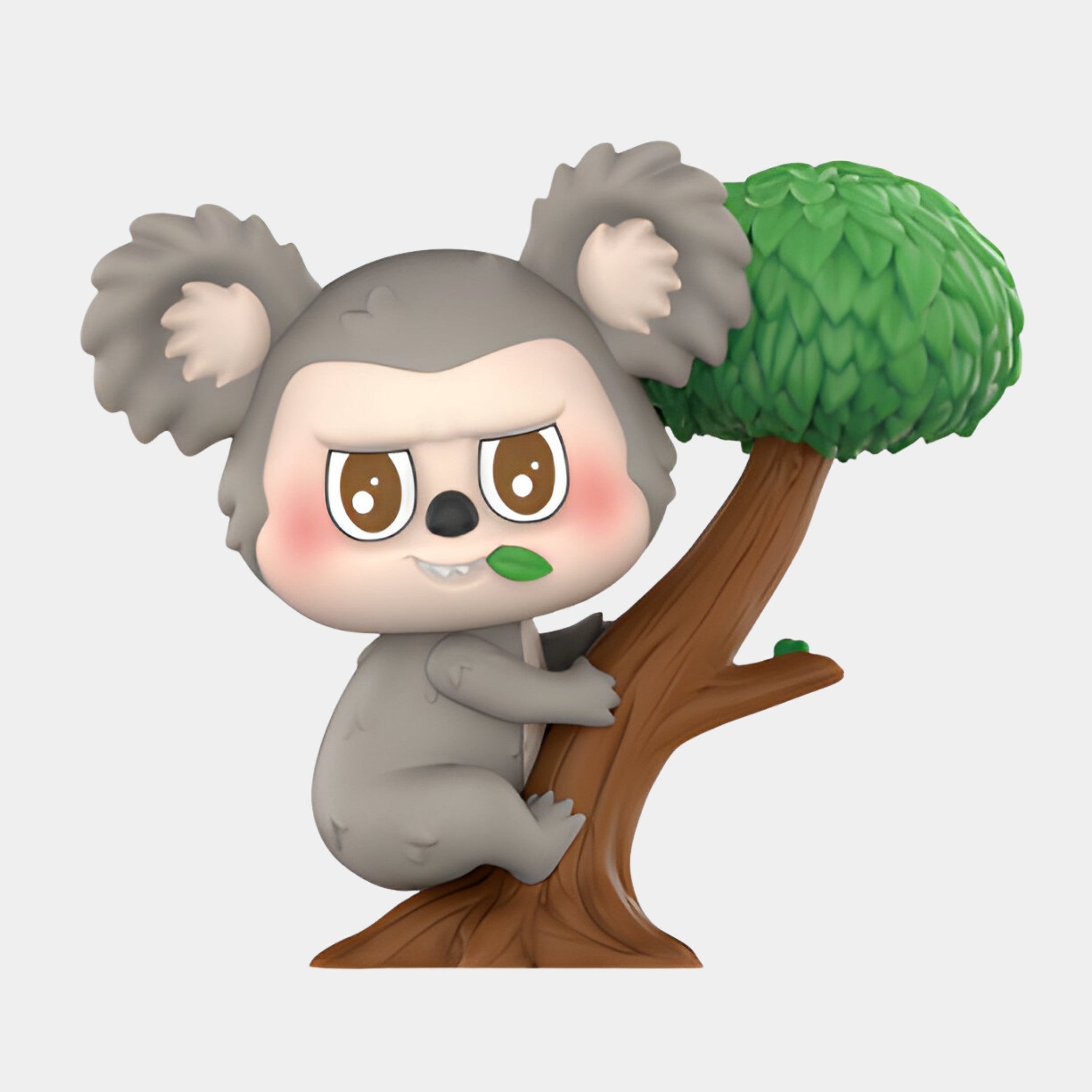 The Animal Koala Labubu Sculpture - 160cm by Giant Sculptures features a cute cartoon koala with big brown eyes, rosy cheeks, and a green leaf. This playful decor adds charm and lush greenery to any space with its determined look.
