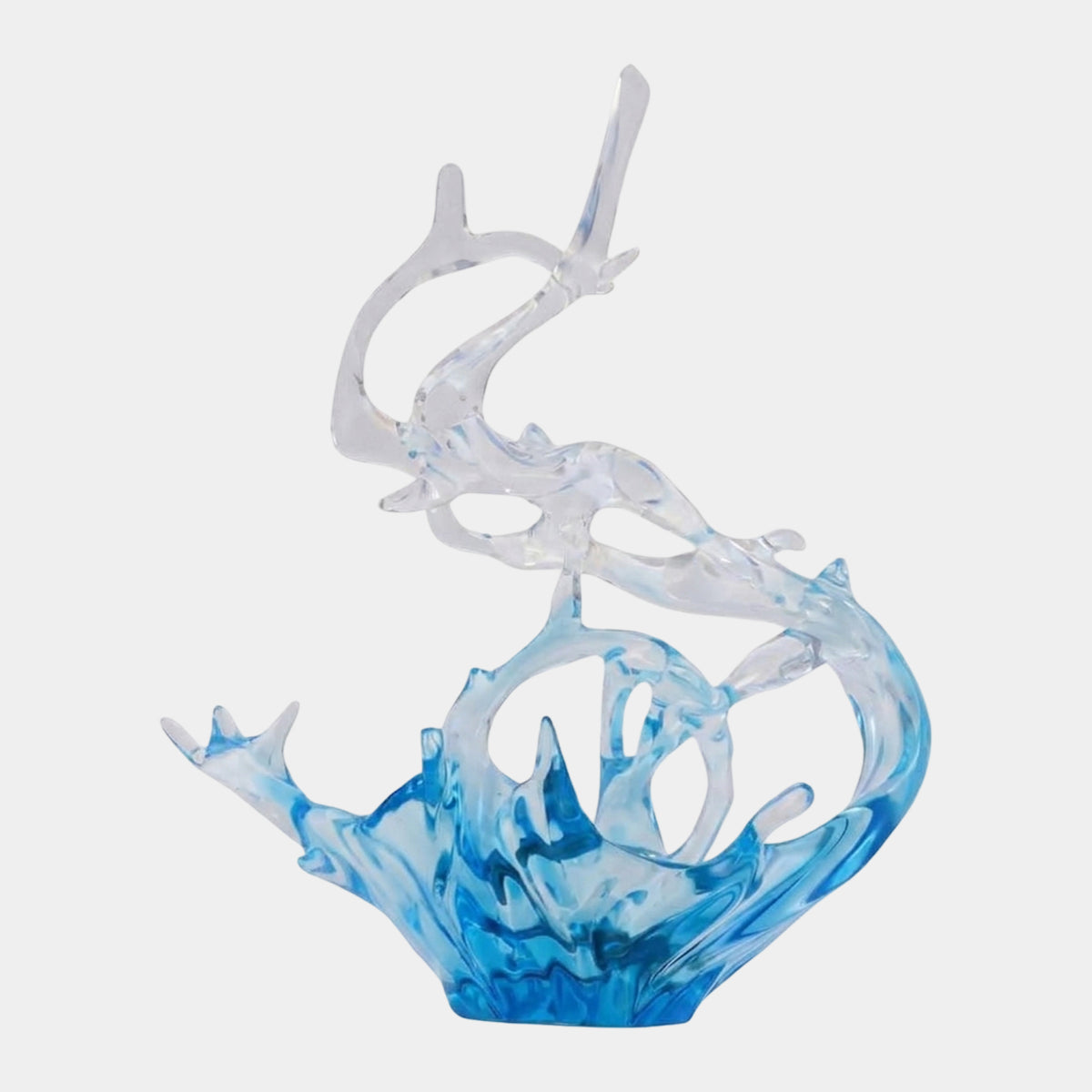 Sky Blue & Clear Curling Splash Resin Sculpture, 81cm, swirling wave form fading from clear to blue, shown on a plain white background.