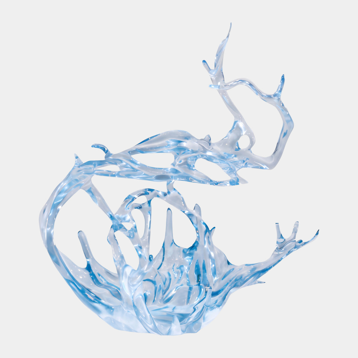 Ice Blue Arched Arm Splash Cast Resin Sculpture - 55cm, a pale ice-blue wave form with a forked arching arm and finger-like base, shown on a plain white background.
