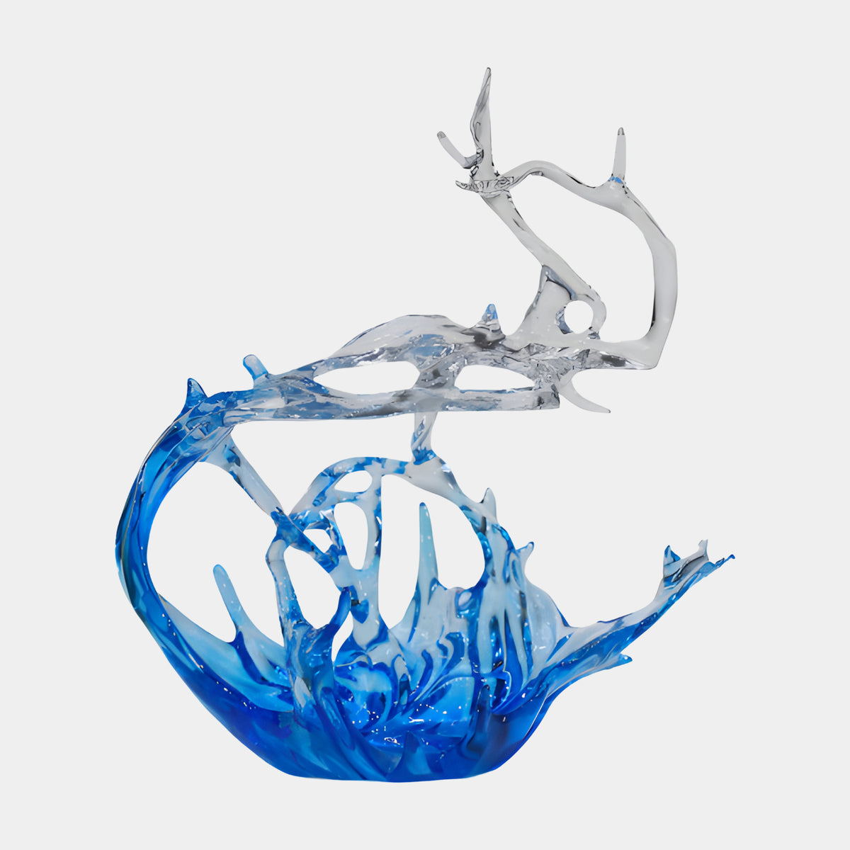 Blue & Clear Arched Arm Splash Cast Resin Sculpture, 55cm, with deep blue wave base fading to clear resin arching arm, on a plain white background.