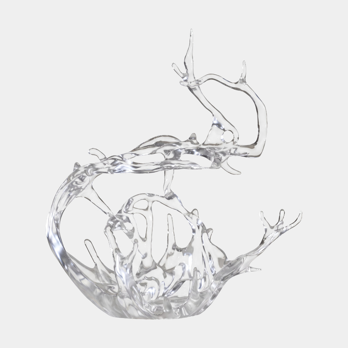 Water-Clear Arched Arm Splash Cast Resin Sculpture - 55cm, a clear resin wave form with a curled basin and tall horned arch, shown on a plain white background.