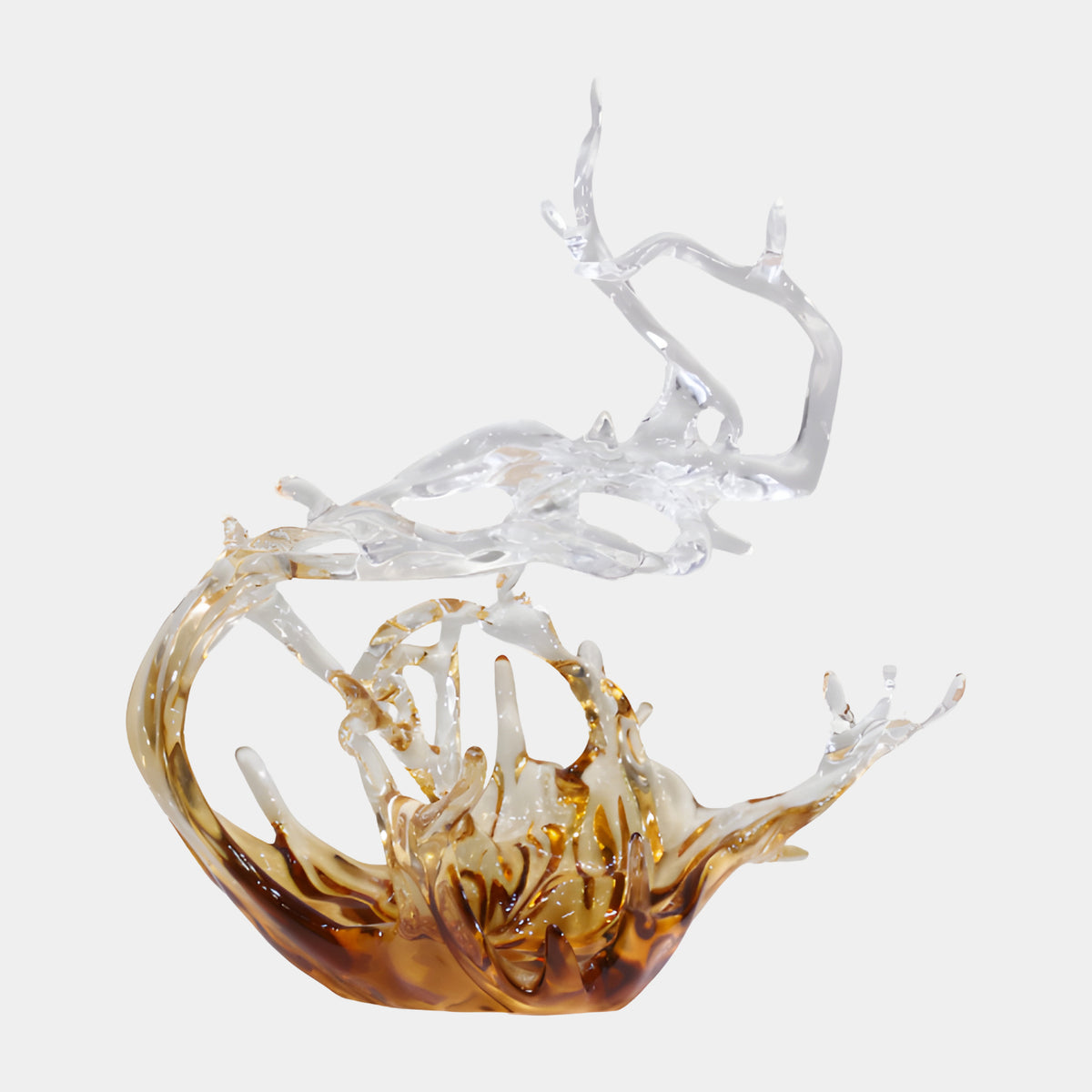 Amber & Clear Arched Arm Splash Cast Resin Sculpture, 55cm, wave-form with amber base rising to a clear curved arm, on a plain white background.