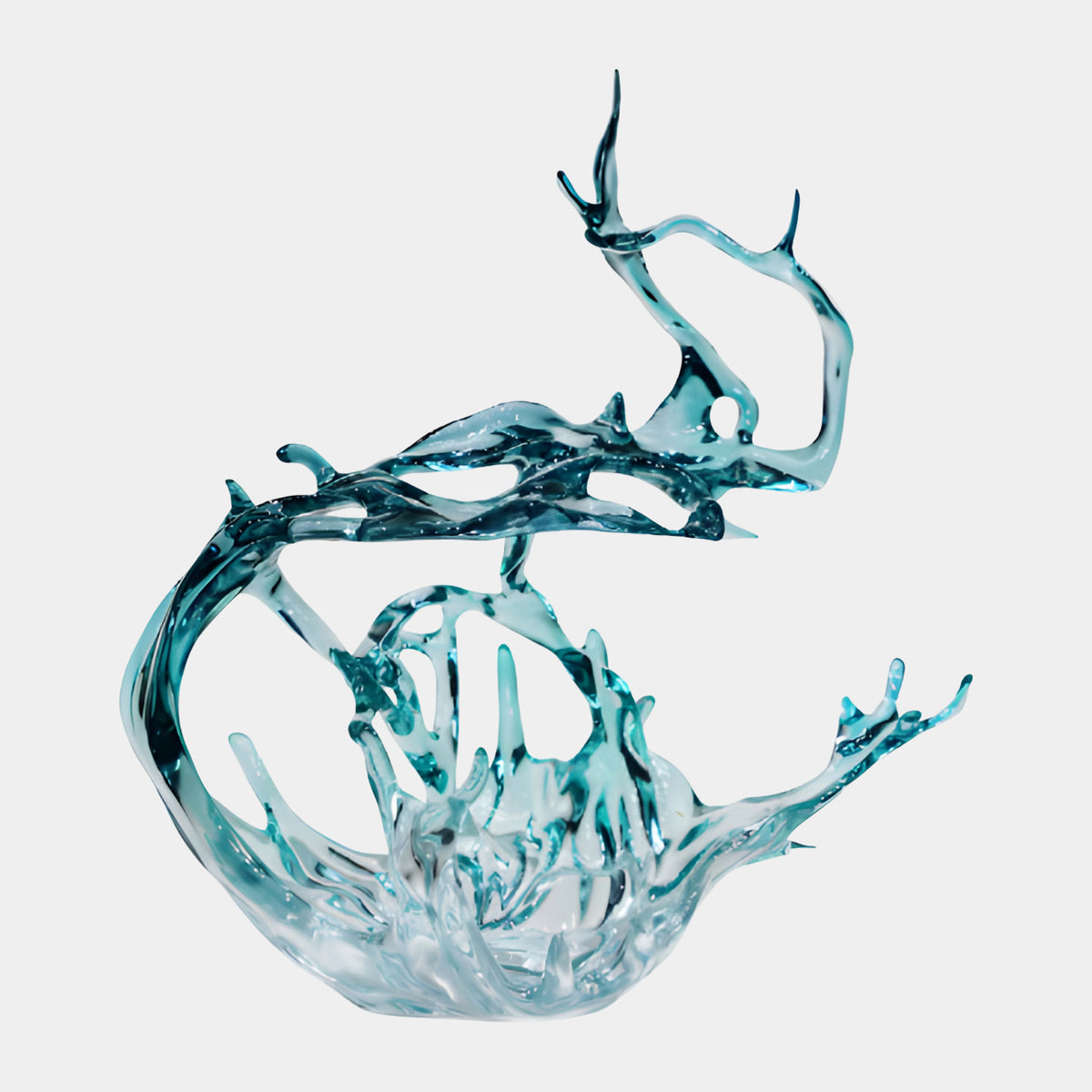 Teal Arched Arm Splash Cast Resin Sculpture - 55cm, wave-form with arched band and looping stem rising from a splash base, teal to glassy blue-green, plain white background.