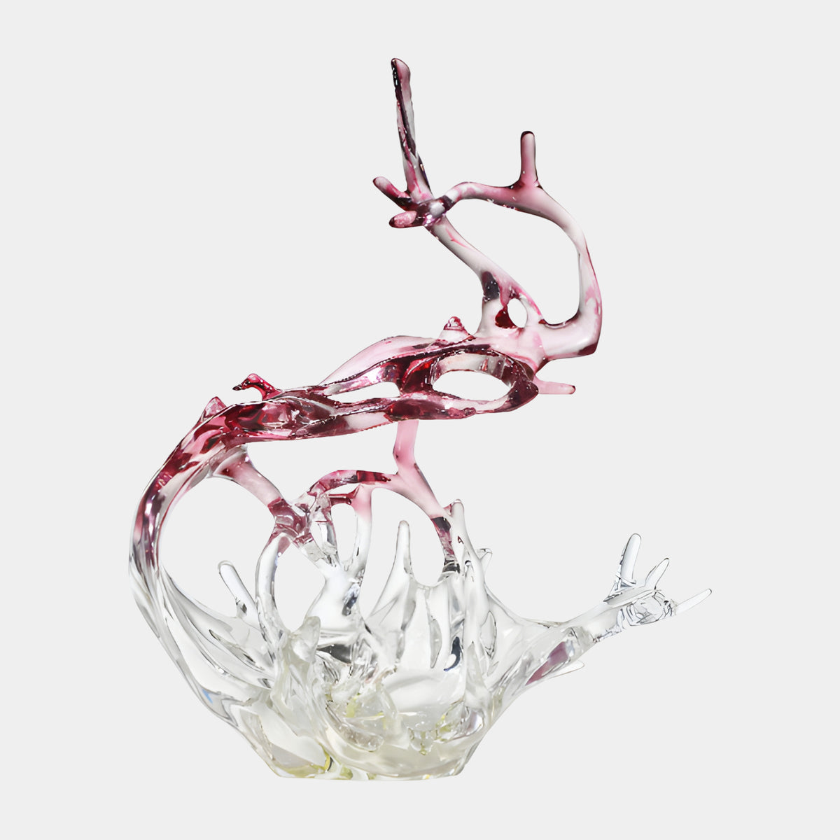Clear Splash & Rose Branching Crest Resin Sculpture, 102cm, with a colorless spiked bowl base and a raspberry-rose branching crest above, shown on a plain white background.