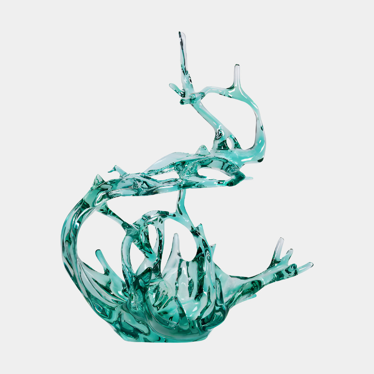 Deep Teal Splash & Branching Crest Resin Sculpture, 102cm, with pierced ribbon curls and arching fins on a round base, shown on a plain white background.