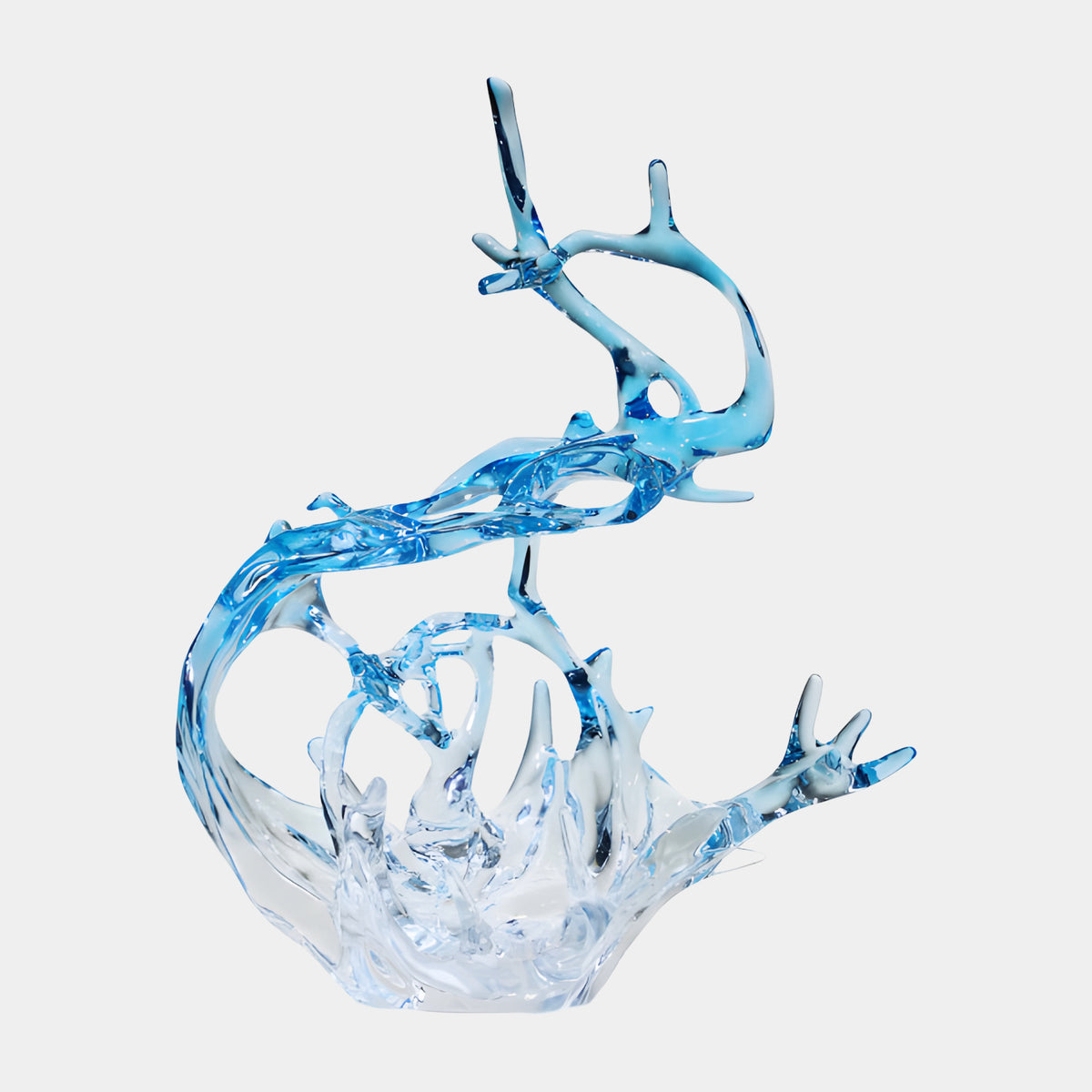 Clear Splash & Blue Branching Crest Resin Sculpture, 102cm, with a clear base cup and spiked ring rising into a cerulean blue crest, on a plain white background.