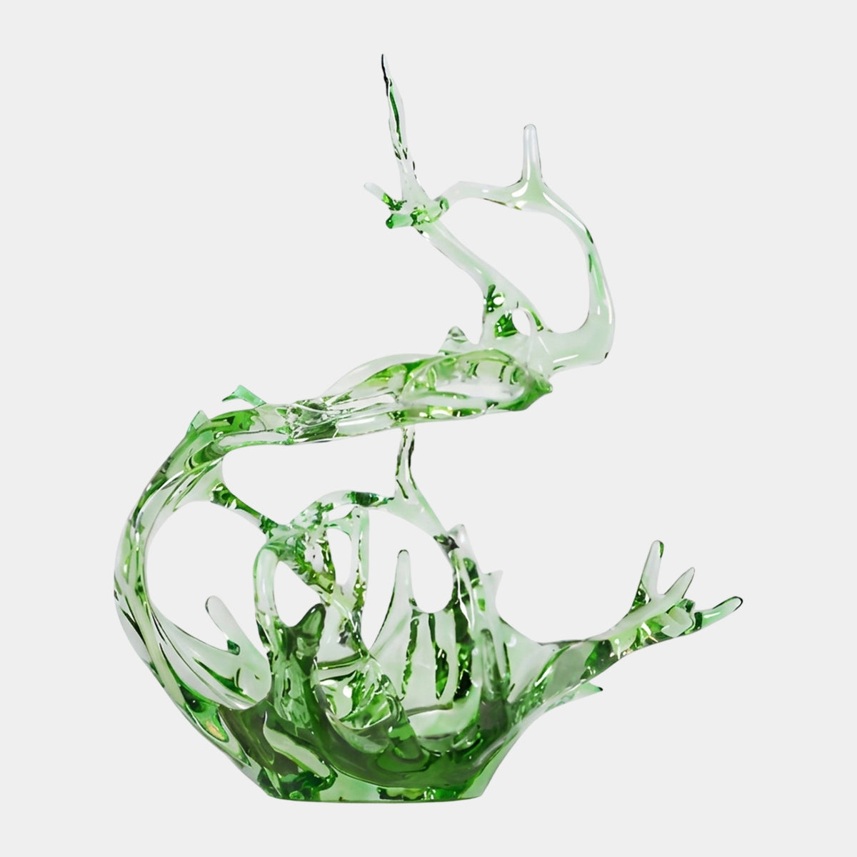 Green Splash & Branching Crest Resin Sculpture, 102cm, with flame-like spikes and a looping ribbon crest rising from a leafy green bowl, on a plain white background.