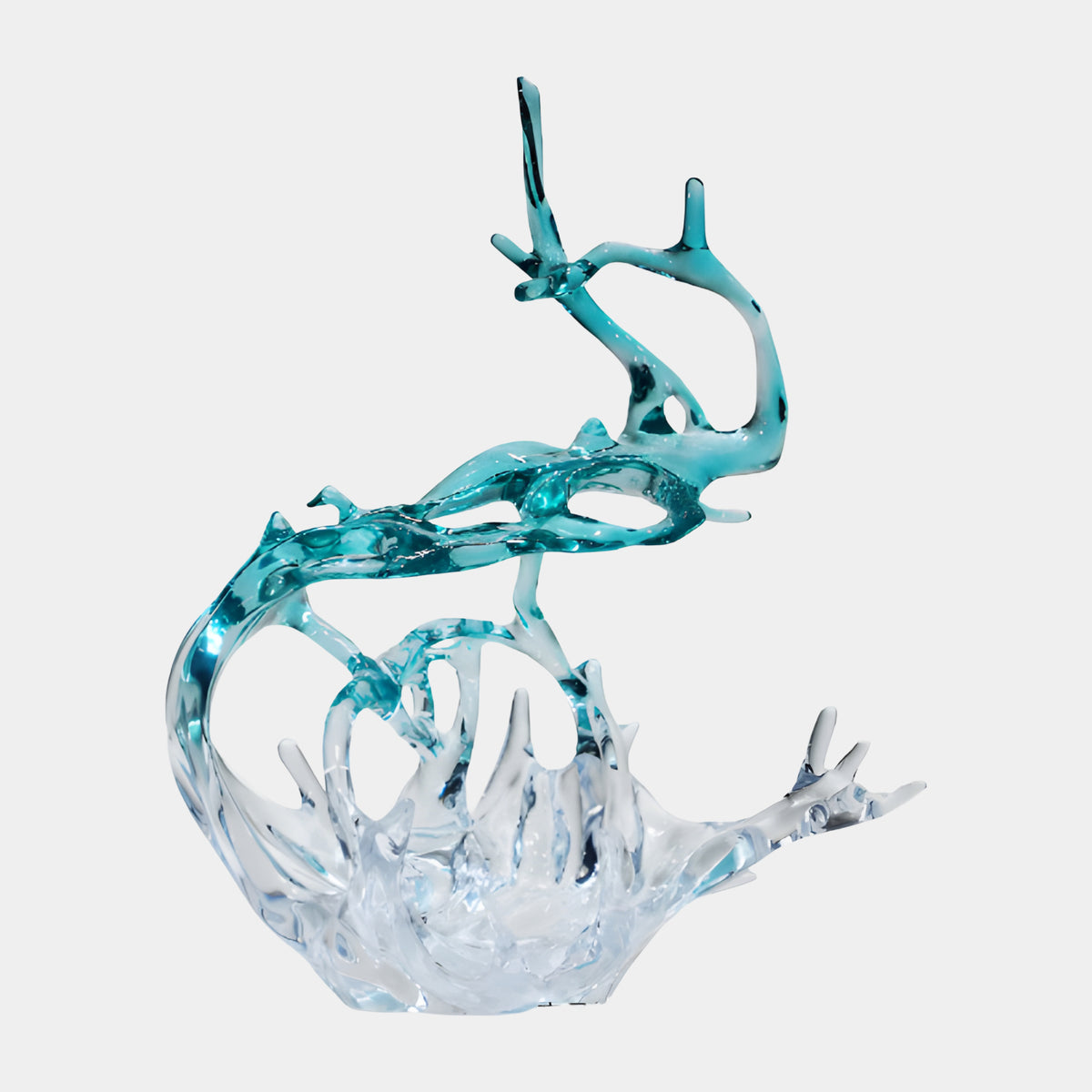 Clear Splash & Teal Branching Crest Resin Sculpture, 102cm, with an icy clear wave base rising into a twisting teal branched crest, on a plain light background.
