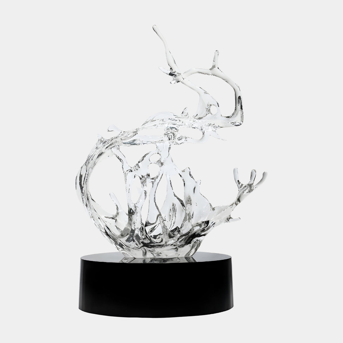 Clear Reaching Splash Cast Resin Sculpture, 144cm, with branching wave-like spikes on a round black marble base, shown against a plain white background.