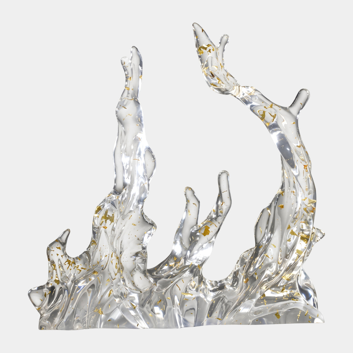 Clear Gold Fleck Twin Arm Rising Splash Resin Sculpture, 60cm, with two curved arms rising from a rippled base, gold flecks throughout, on a plain white background.
