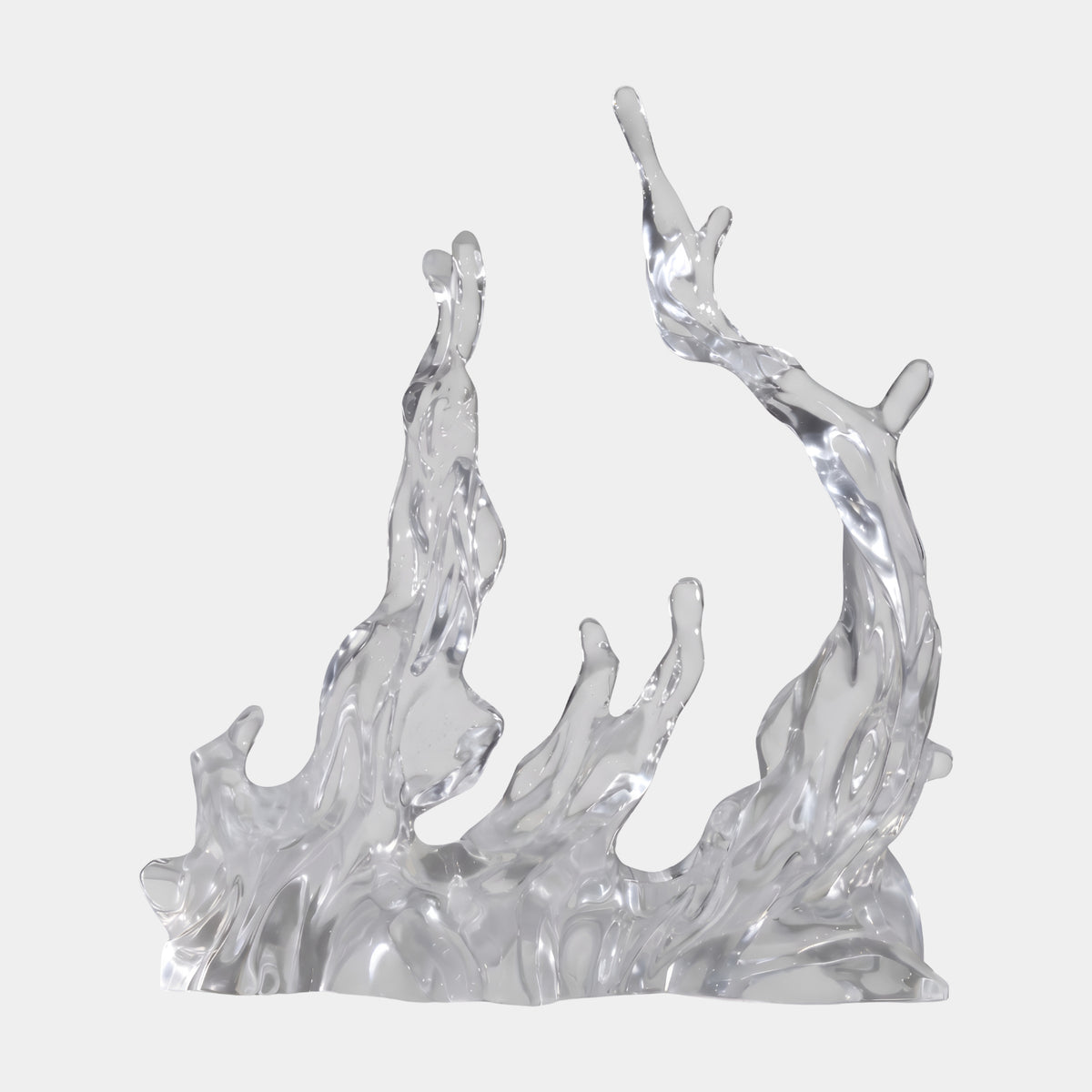 Clear Twin Arm Rising Splash Resin Sculpture (60cm) by Giant Sculptures, two tall curved arms rising from a rippled base, shown on a plain white background.
