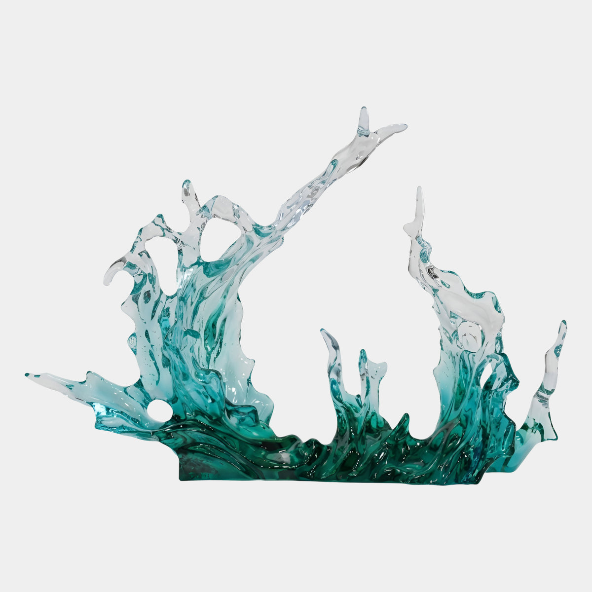 Teal & Clear Low Wide Splash Cast Resin Sculpture, 68cm, with sea green tones deepening at the base and clear tips rising unevenly, shown on a plain white background.
