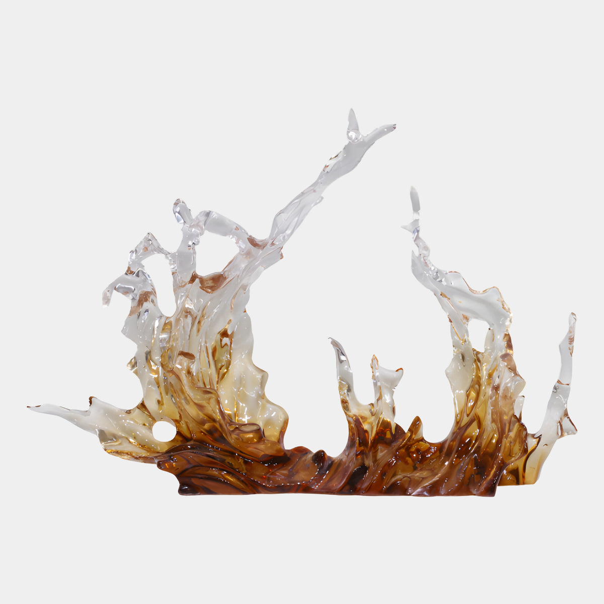 Amber & Clear Low Wide Splash Cast Resin Sculpture, 68cm, wave-like form shifting from deep brown to clear tips, shown on a plain white background.