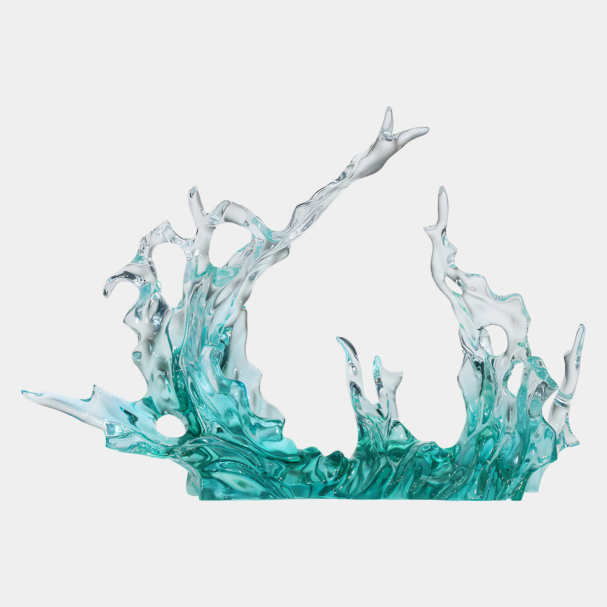 Aqua & Clear Low Wide Splash Cast Resin Sculpture (68cm) by Giant Sculptures, wave-like form in aqua and clear resin with pierced holes, set on a plain white background.