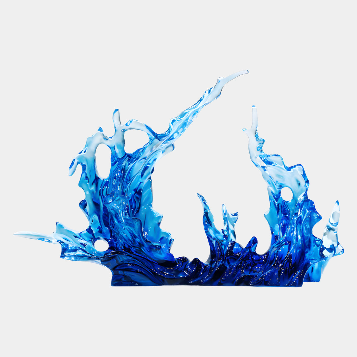 Deep Blue Low Wide Splash Cast Resin Sculpture, 68cm, shows wave-like arms in navy, sapphire, and pale blue resin with open hollows, set on a plain white background.