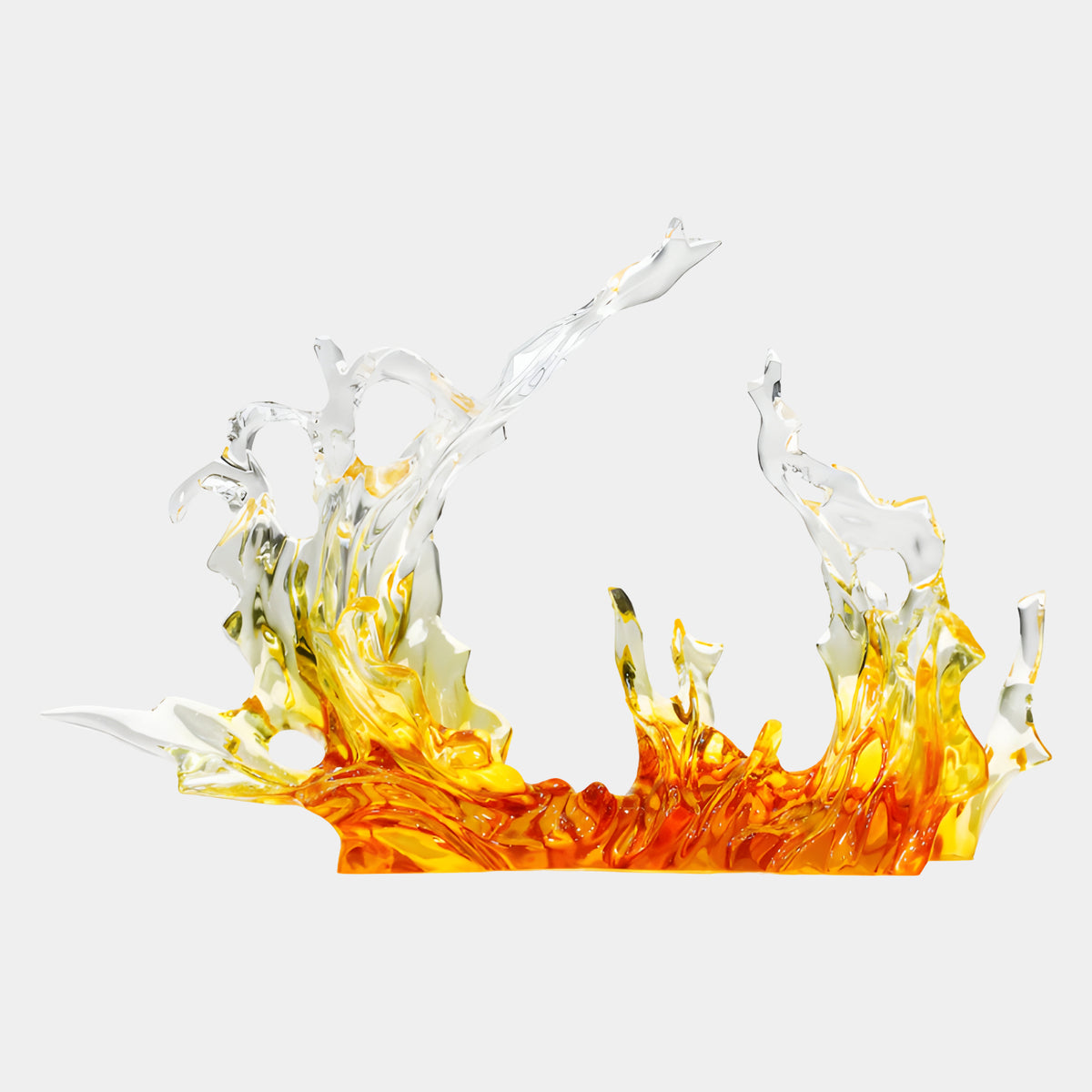 Orange & Clear Low Wide Splash Cast Resin Sculpture, 68cm, wave-like form transitioning from fiery orange base to clear tips, on a plain white background.