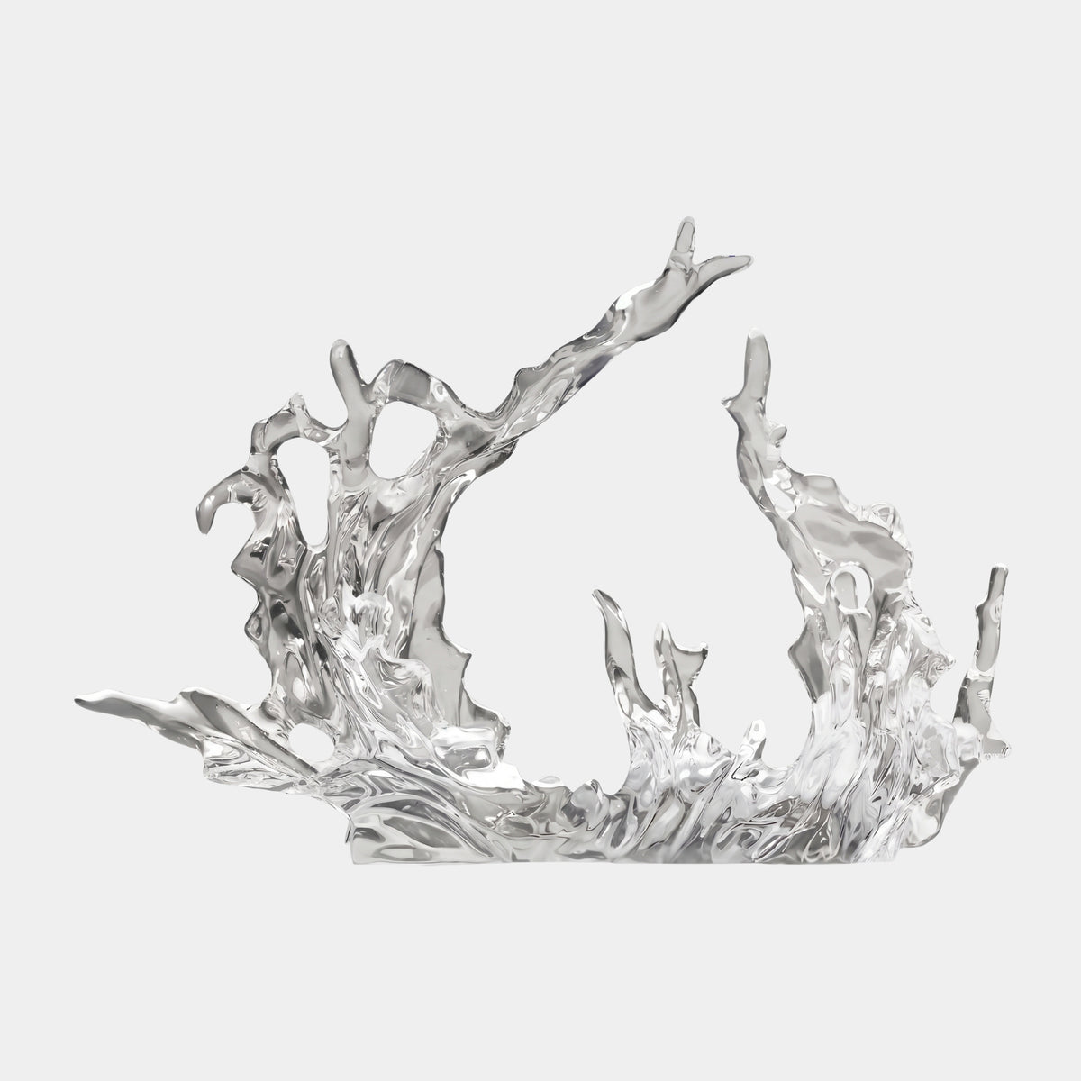 Clear Long Reaching Arm Wave Resin Sculpture - 103cm, a colourless resin wave with a crest arching into a forked arm over an open center, on a plain white background.