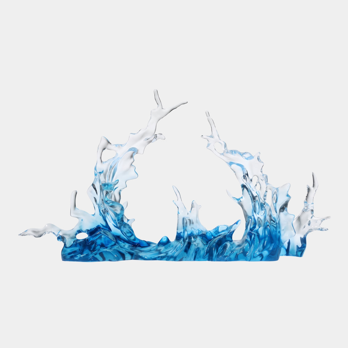 Blue to Clear Twin Crest & Spire Wave Resin Sculpture, 120cm, with blue rippling base rising into clear forked crests, shown on a plain white background.