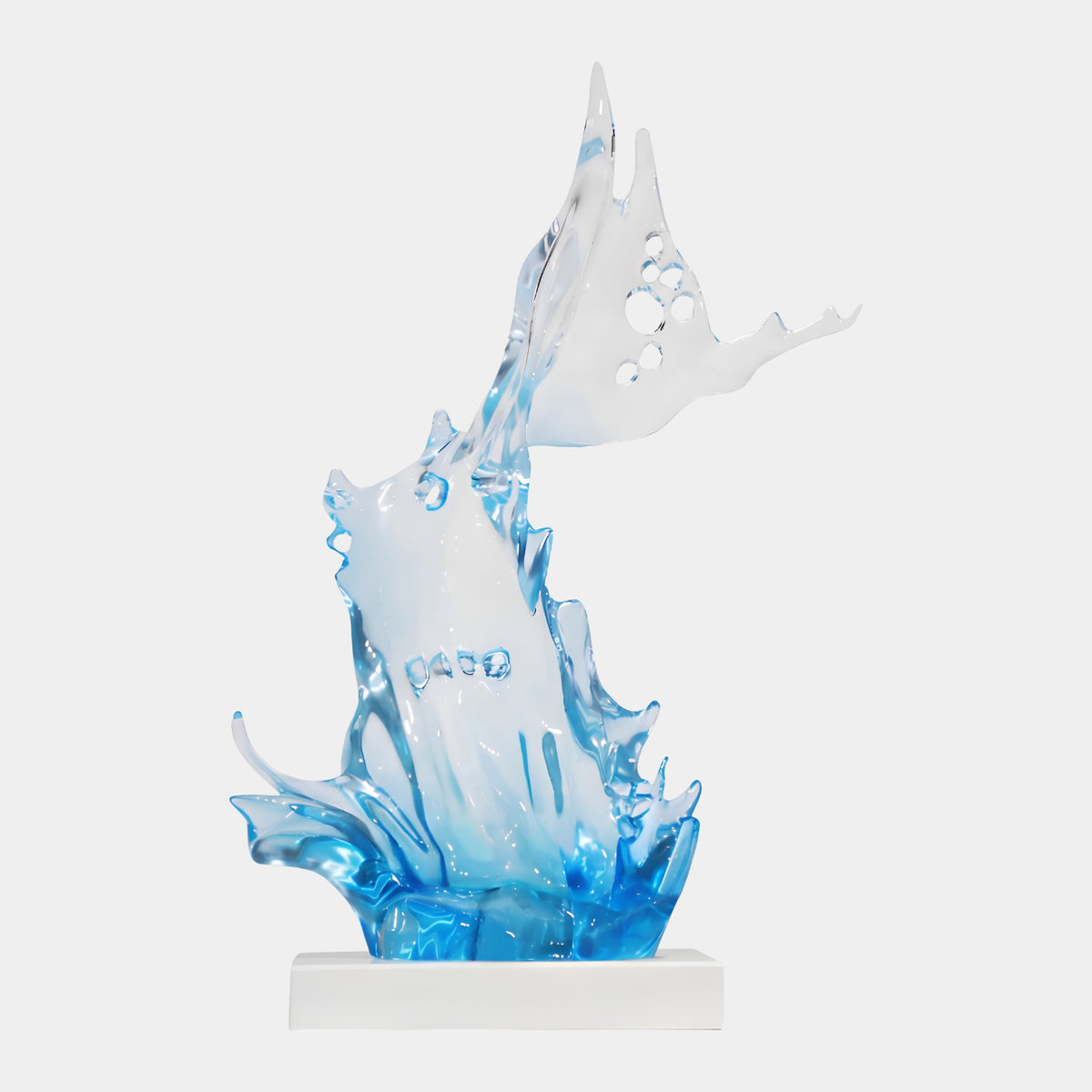 Blue & Clear Pierced Crest Abstract Wave Resin Sculpture, 47cm, on a white base against a plain light background, showing pierced openings and splashed wave form.