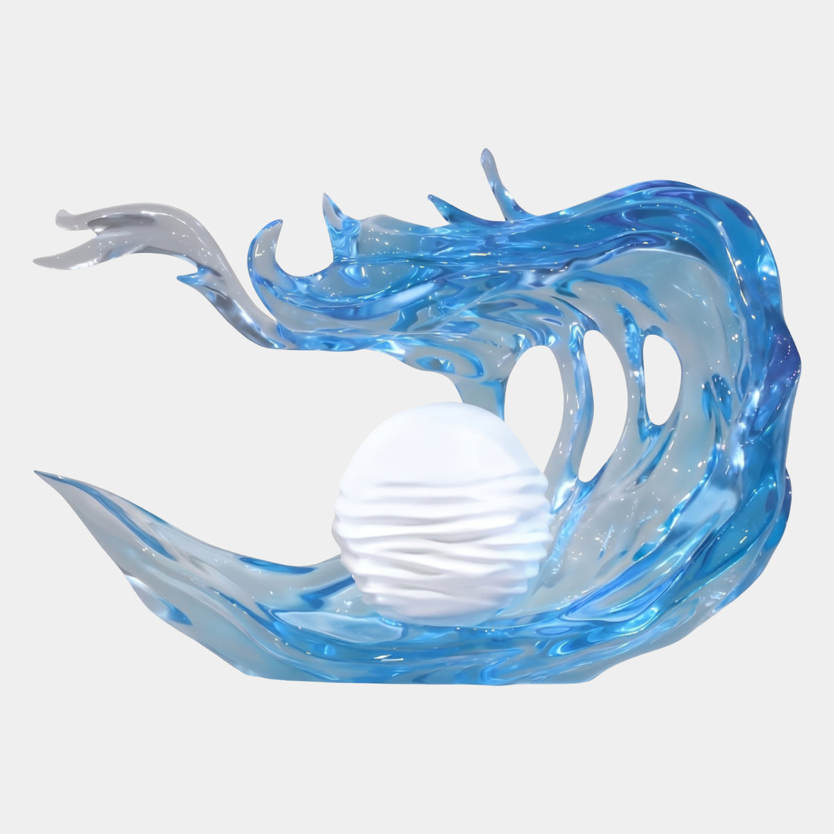 Blue Wave & White Sphere Cast Resin Sculpture - 97cm, a curling blue resin wave with a ribbed white sphere at its center, shown on a plain white background.