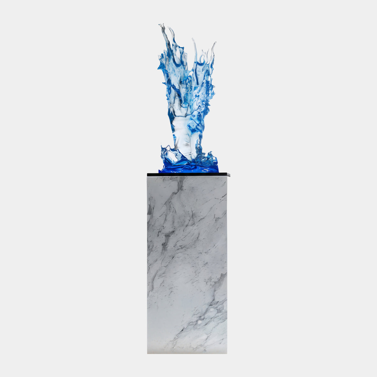 Blue & Clear Column Splash on Marble Plinth Resin Sculpture - 166cm, a tall flame-like water column in blue and clear resin on a black plate atop a marble plinth, plain white background.