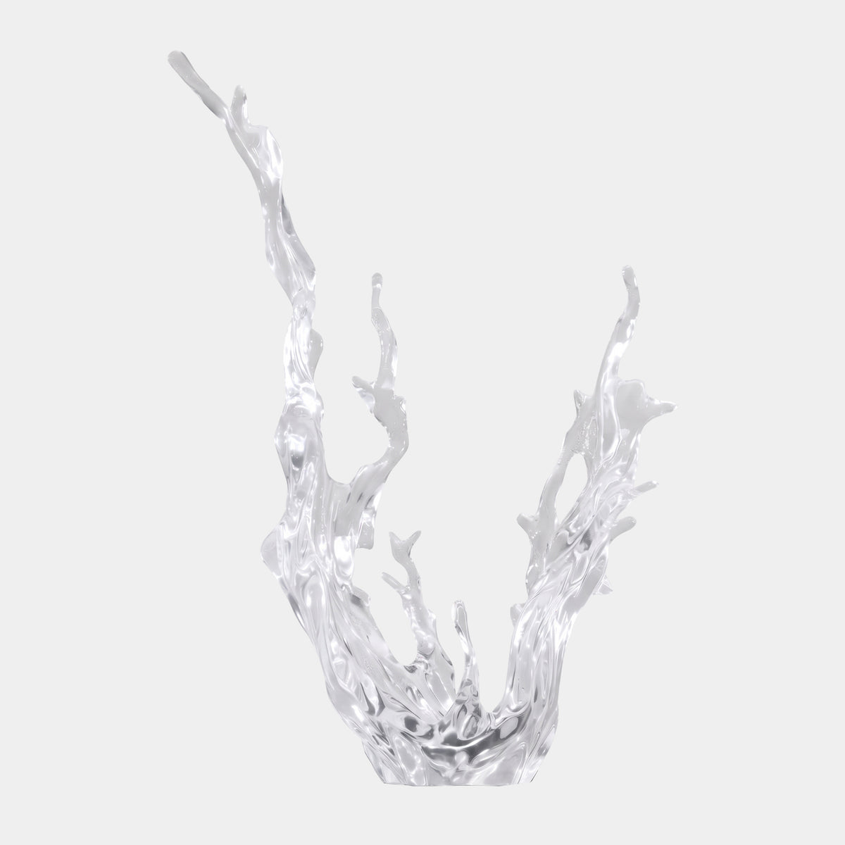 Clear Twin Arm Wide V Splash Resin Sculpture - 70cm, two diverging wave-like arms rising from a low splash base, clear resin finish on a plain white background.