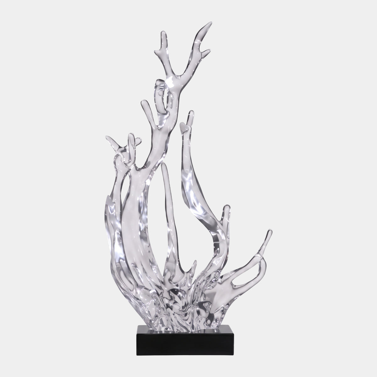 Clear Branching Splash Column Resin Sculpture (100cm) with antler-like forks and a looping arm on a black base, set against a plain white background.