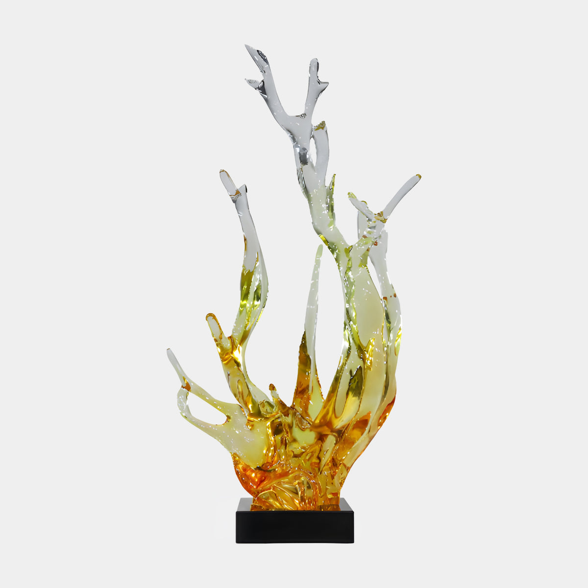 Amber & Clear Branching Splash Column Resin Sculpture, 100cm, with orange-amber base fading to clear forked prongs on a black base, set against a plain light background.