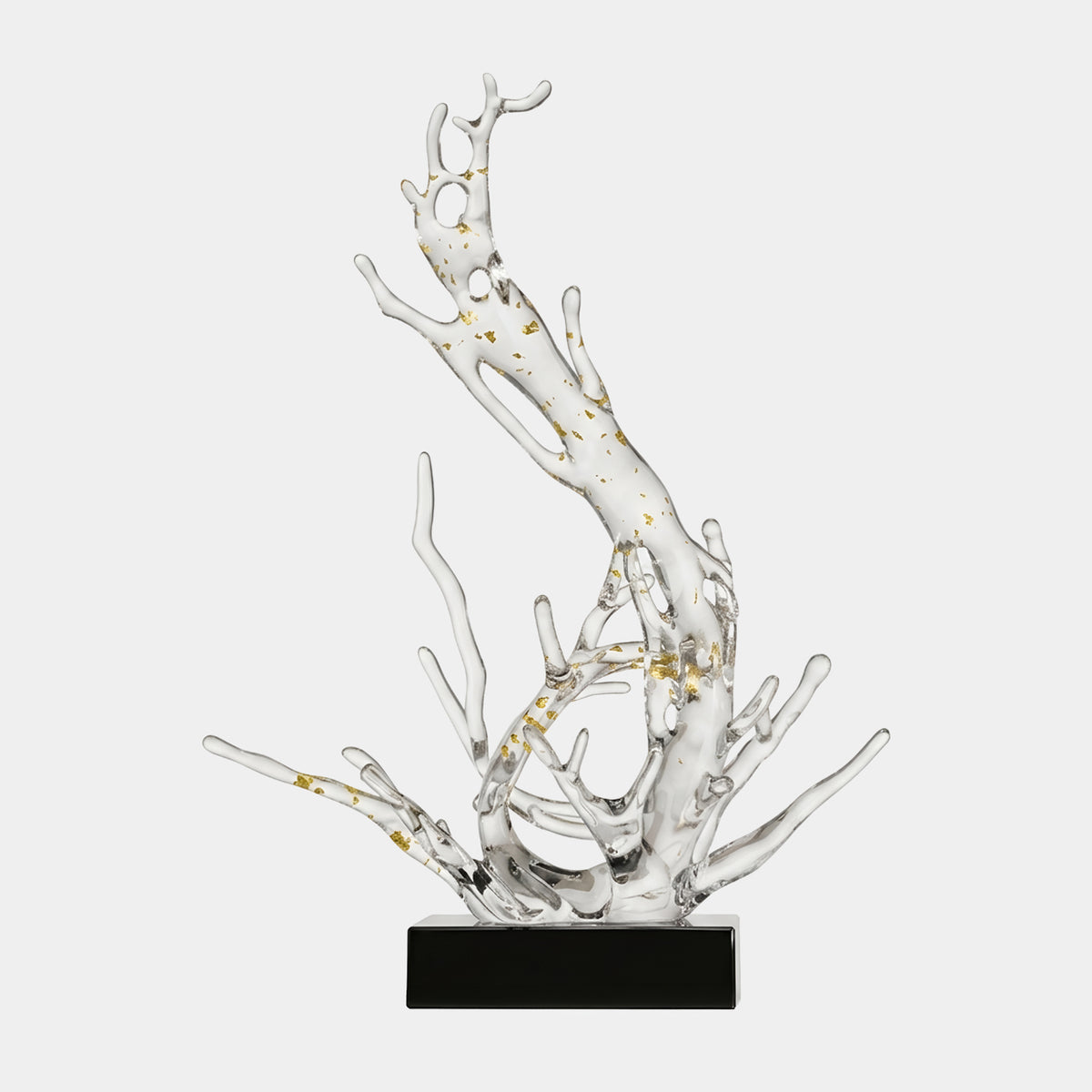Clear Gold Fleck Splash Spire & Spray Ring Resin Sculpture, 75cm, branching coral-like form with gold flecks on a black rectangular base against a plain light grey background.