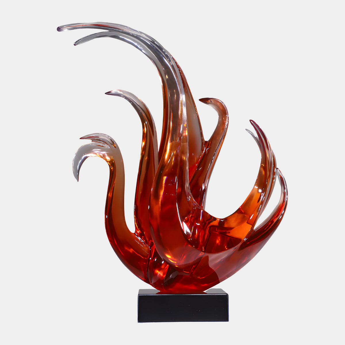 Red & Clear Curling Plume Resin Sculpture - 73cm, flame-like plumes curling upward from a shared root, red to orange to clear resin, on a black marble base, plain light background.