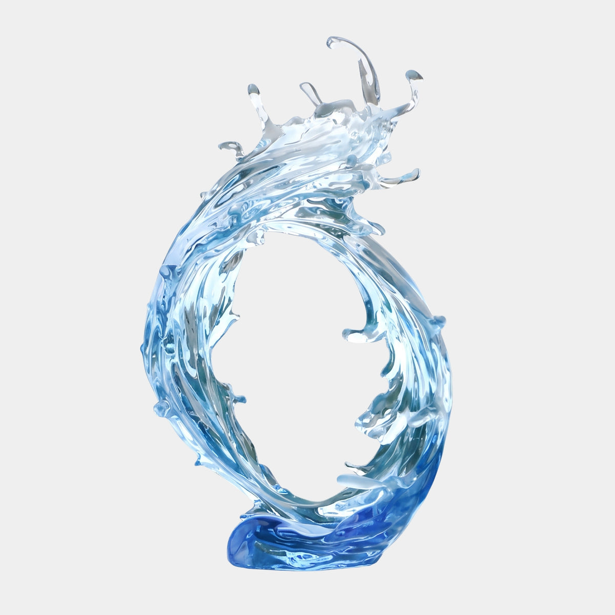 Ice Blue Closed Ring Wave Cast Resin Sculpture, 85cm, a swirling wave forming a closed oval ring with spray fingers at the crest, deeper blue base, on a plain white background.