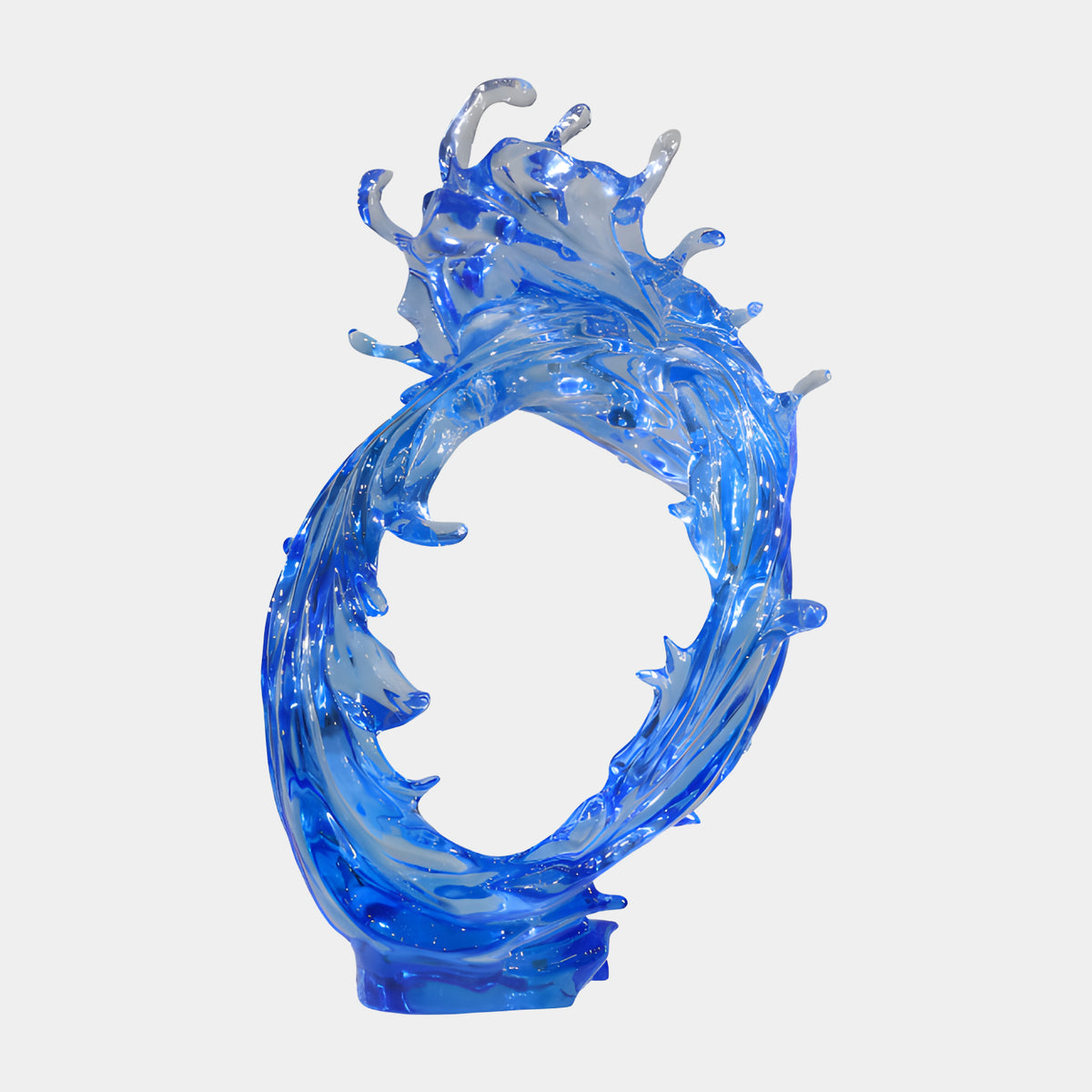 Blue Closed Ring Wave Cast Resin Sculpture, 85cm, shaped as a curling wave closing into a ring with splashing crest, deep blue base fading to pale top, on a plain white background.
