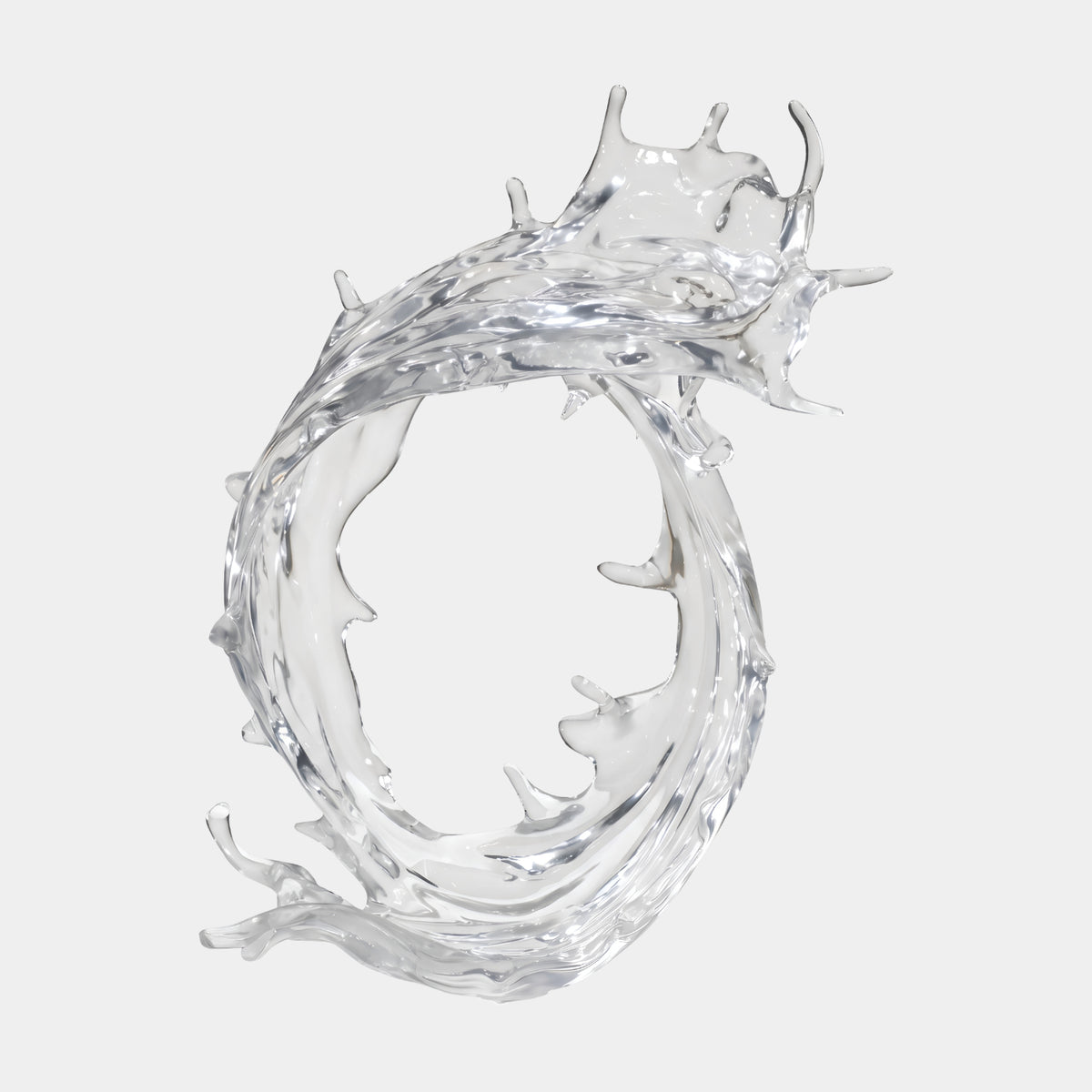 Clear Rimless Hoop Wave Cast Resin Sculpture - 66cm, a clear hoop-shaped wave with a spiked crest and trailing tail, shown on a plain white background.